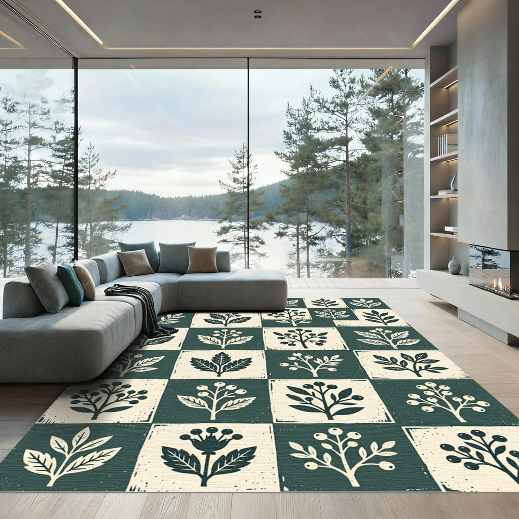 Sage Forest Botanical Grid Illustration Rug