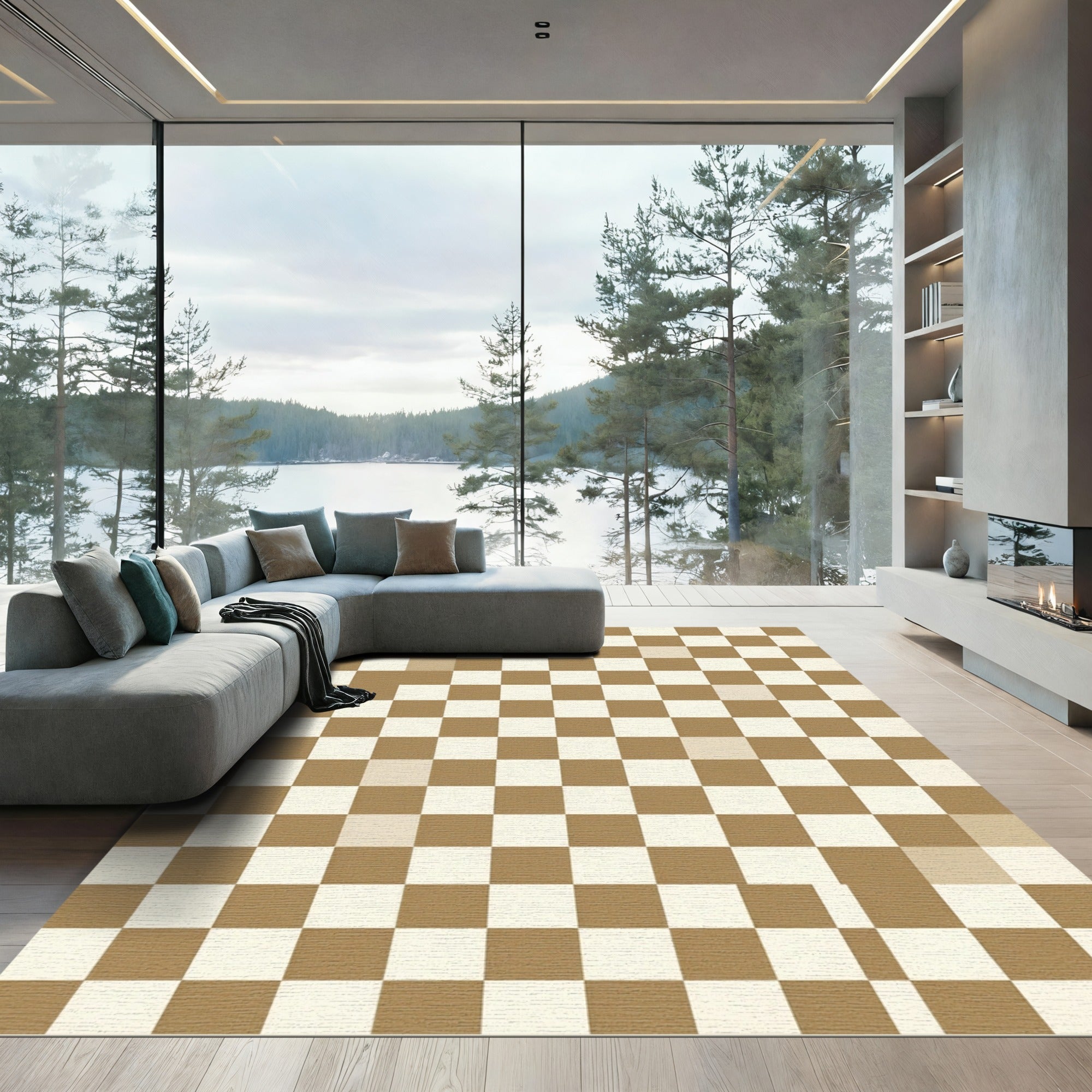 Brown and Cream Checkered Square Rug