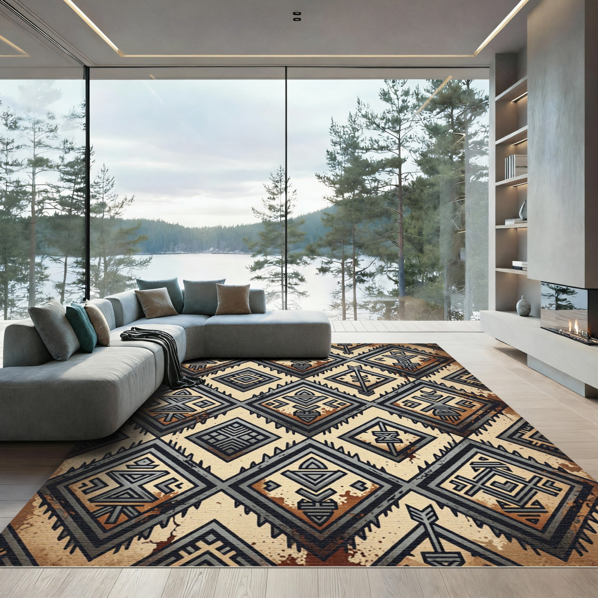 Rustic Graphite Geometric Tribal Diamond Rug