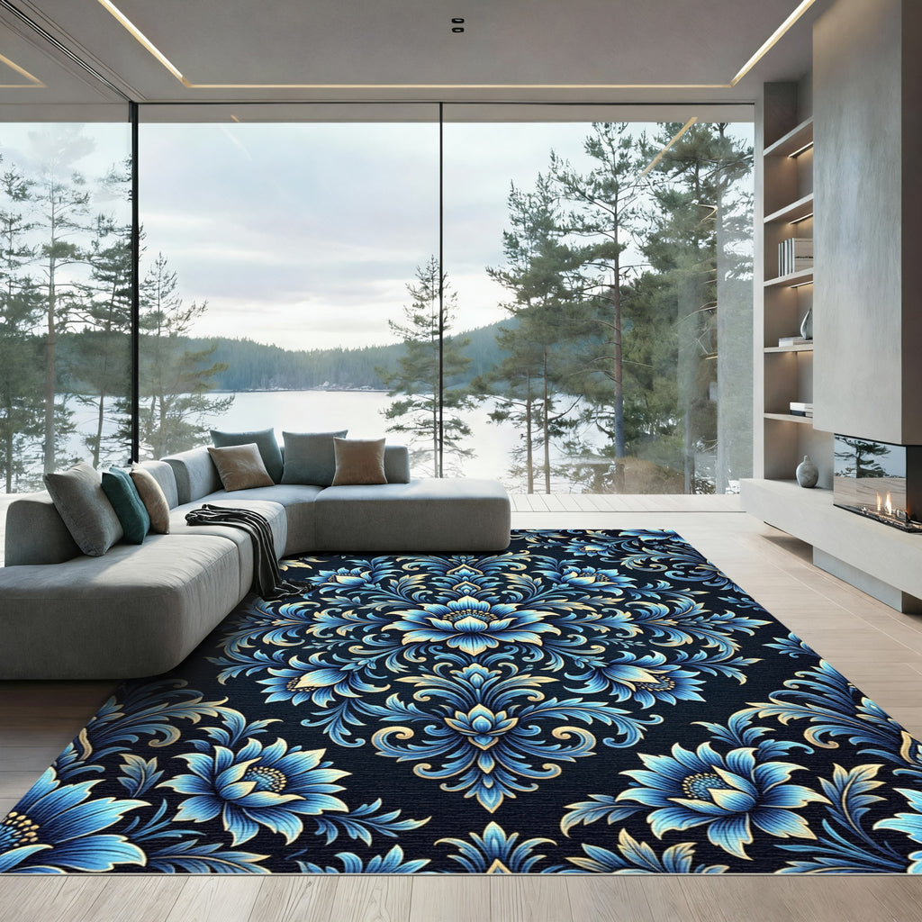 Blue Floral Damask Ornate Medallion Rug