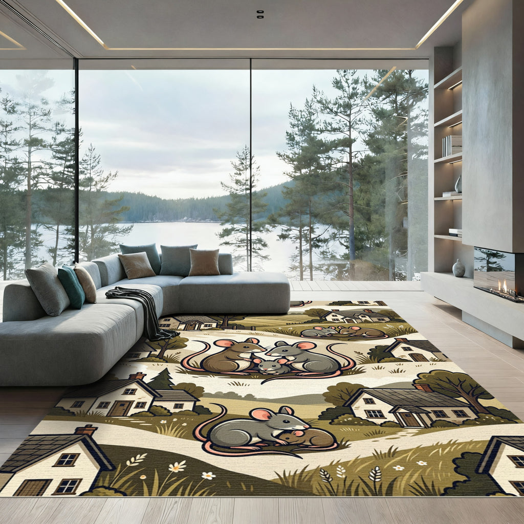 Whimsical Country Mice Meadow Landscape Rug