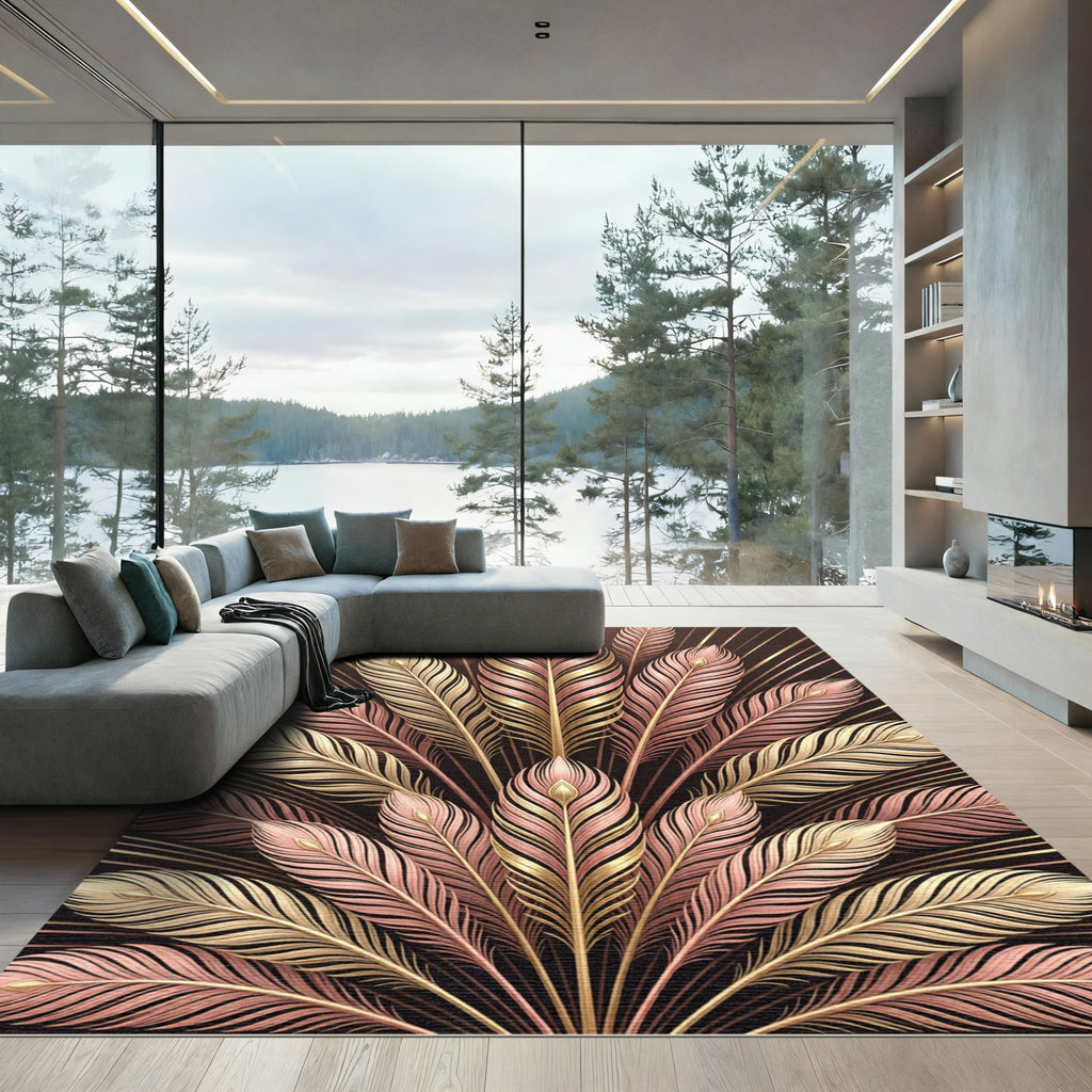 Rose Gold Cream Feather Burst Rug