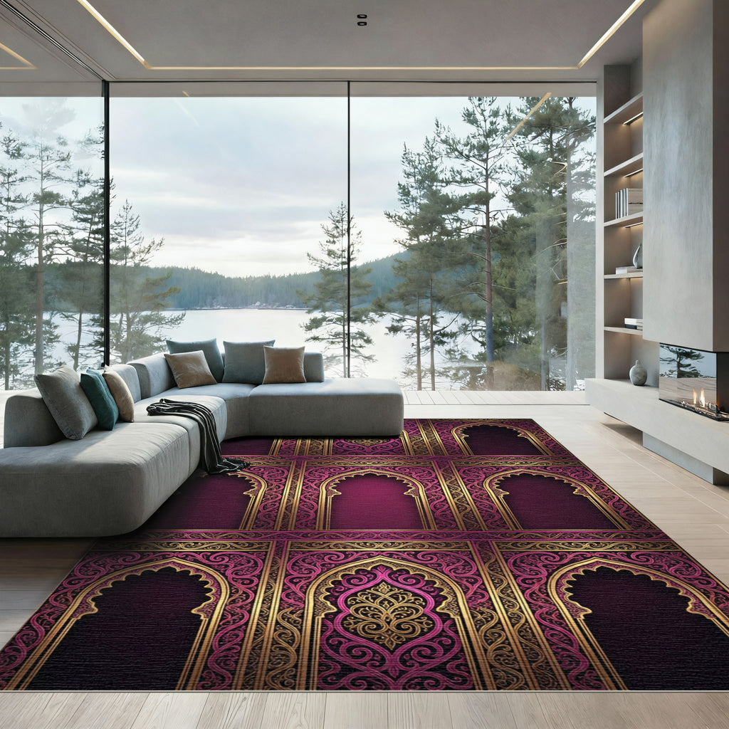 Ornate Plum Golden Arch Filigree Rug
