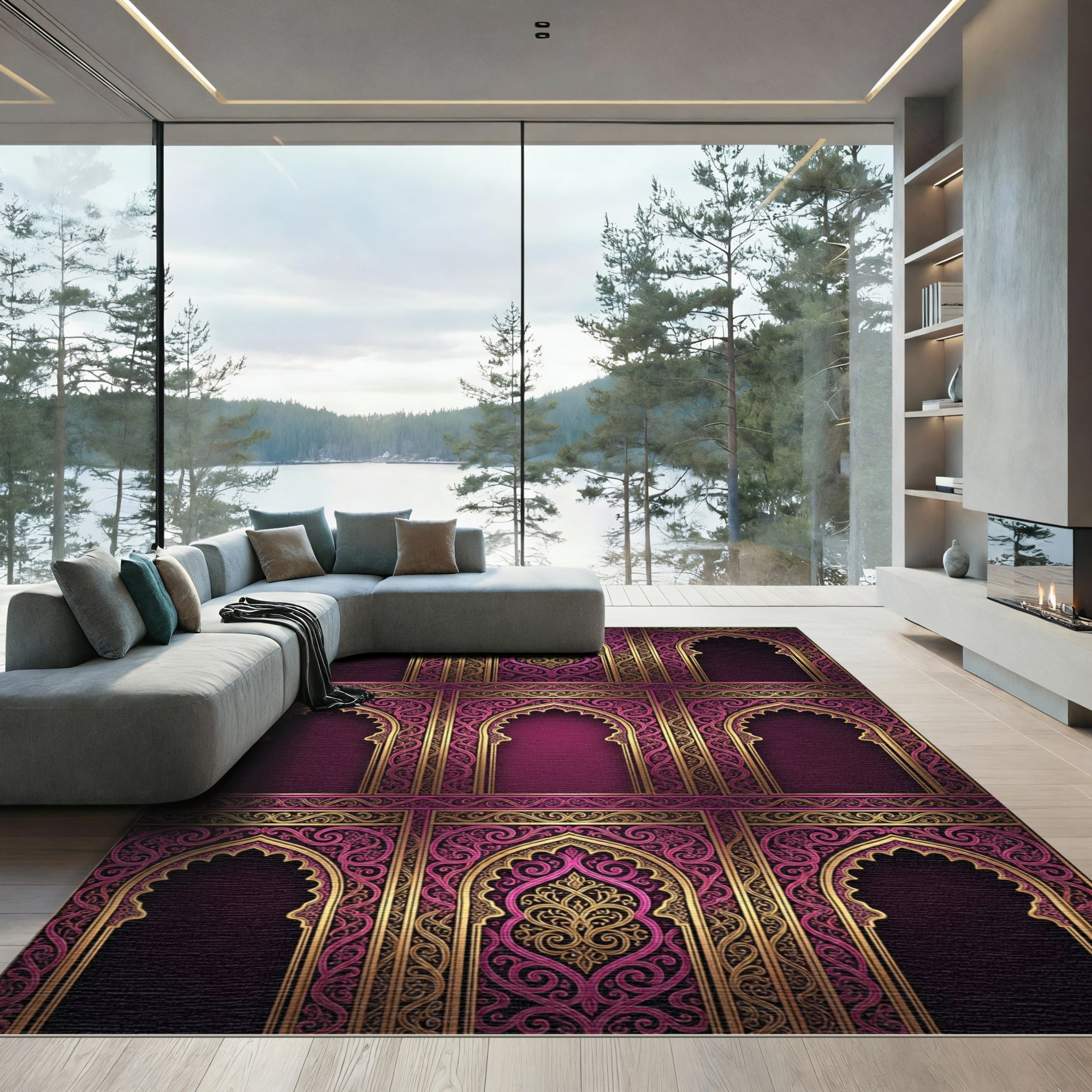 Ornate Plum Golden Arch Filigree Rug