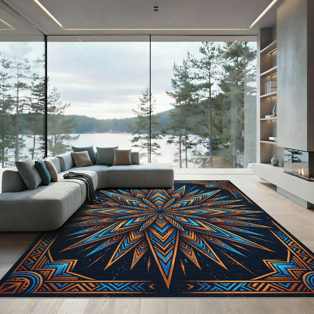 Celestial Blue and Gold Starburst Rug