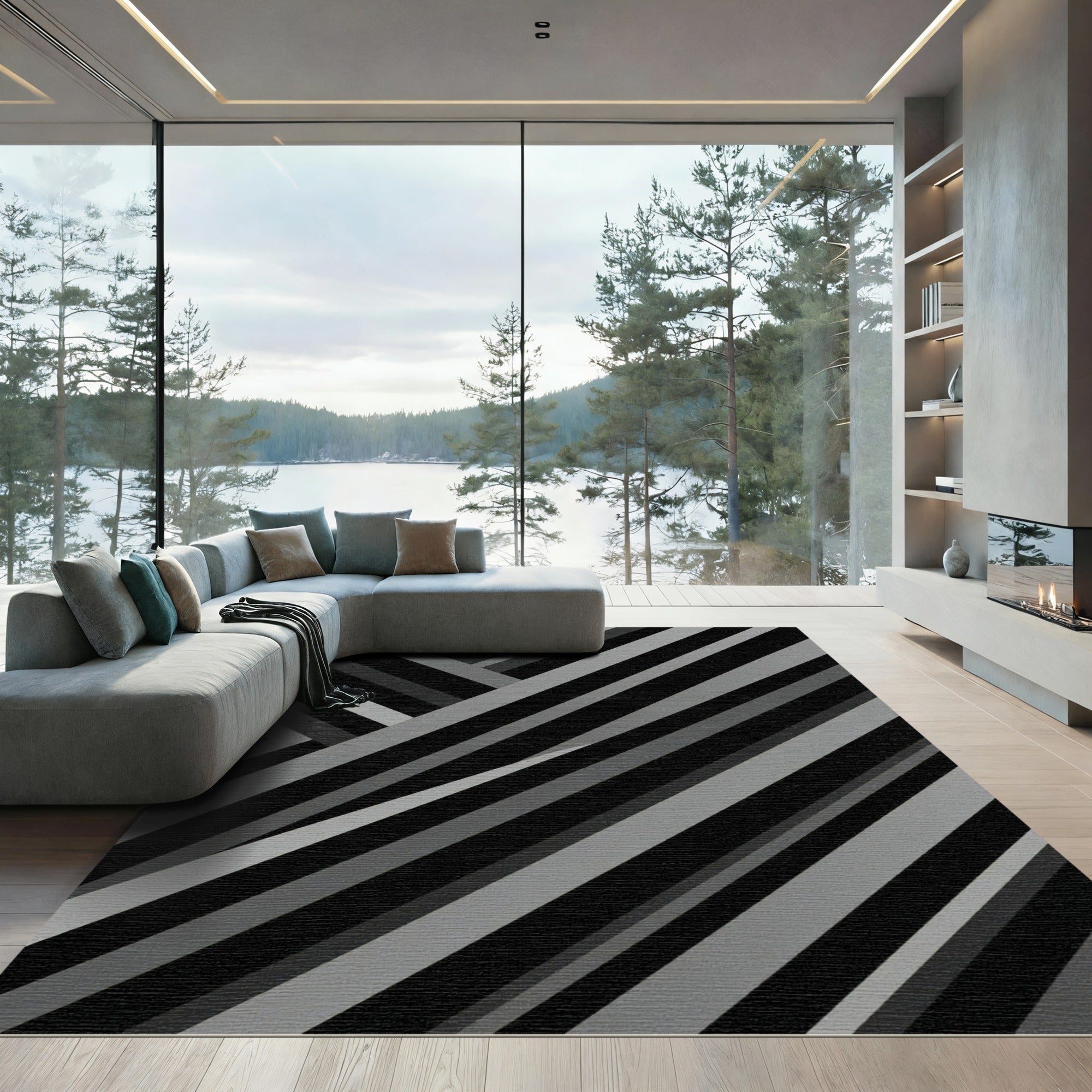 Modern Monochrome Angular Striped Rug