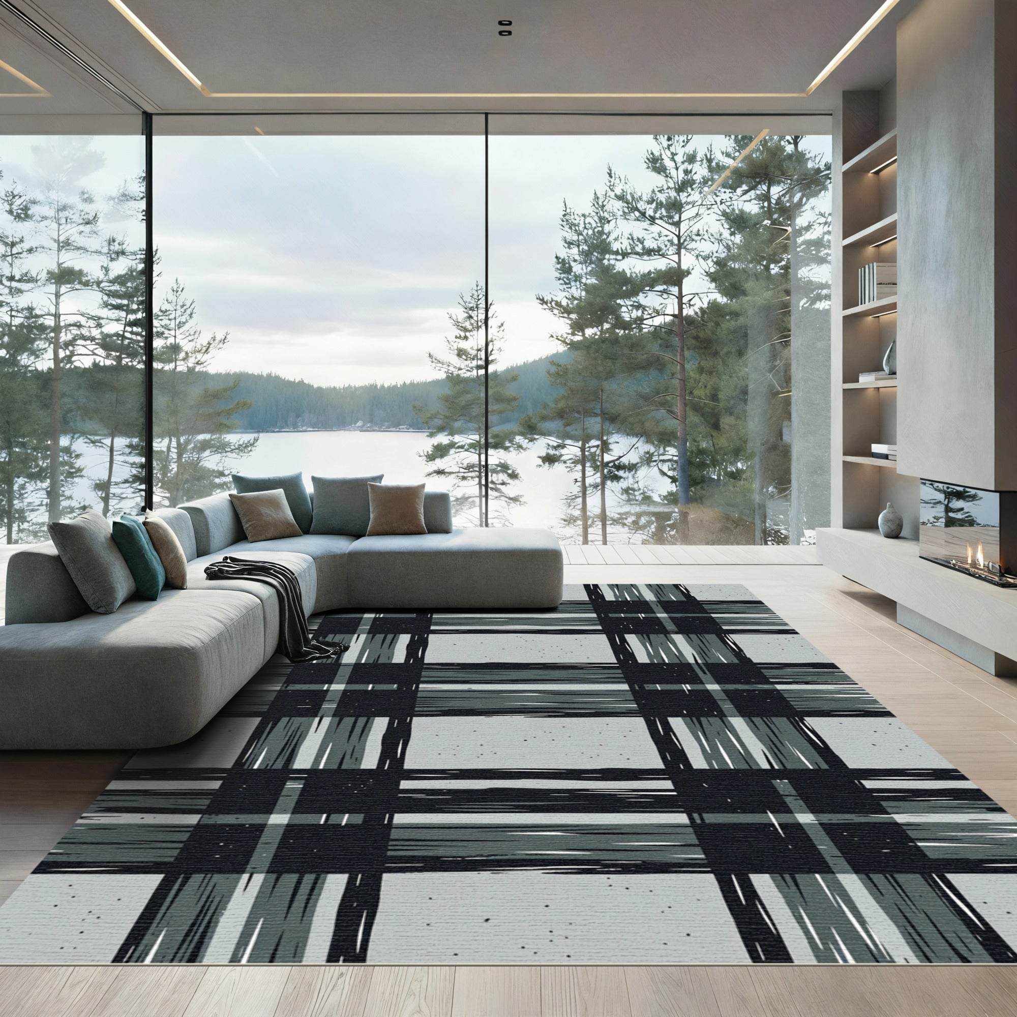 Charcoal and Slate Rustic Plaid Rug