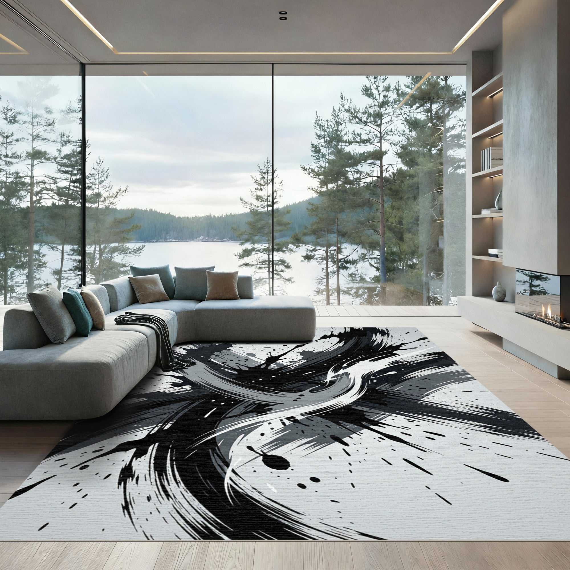 Monochrome Abstract Black and White Splash Rug