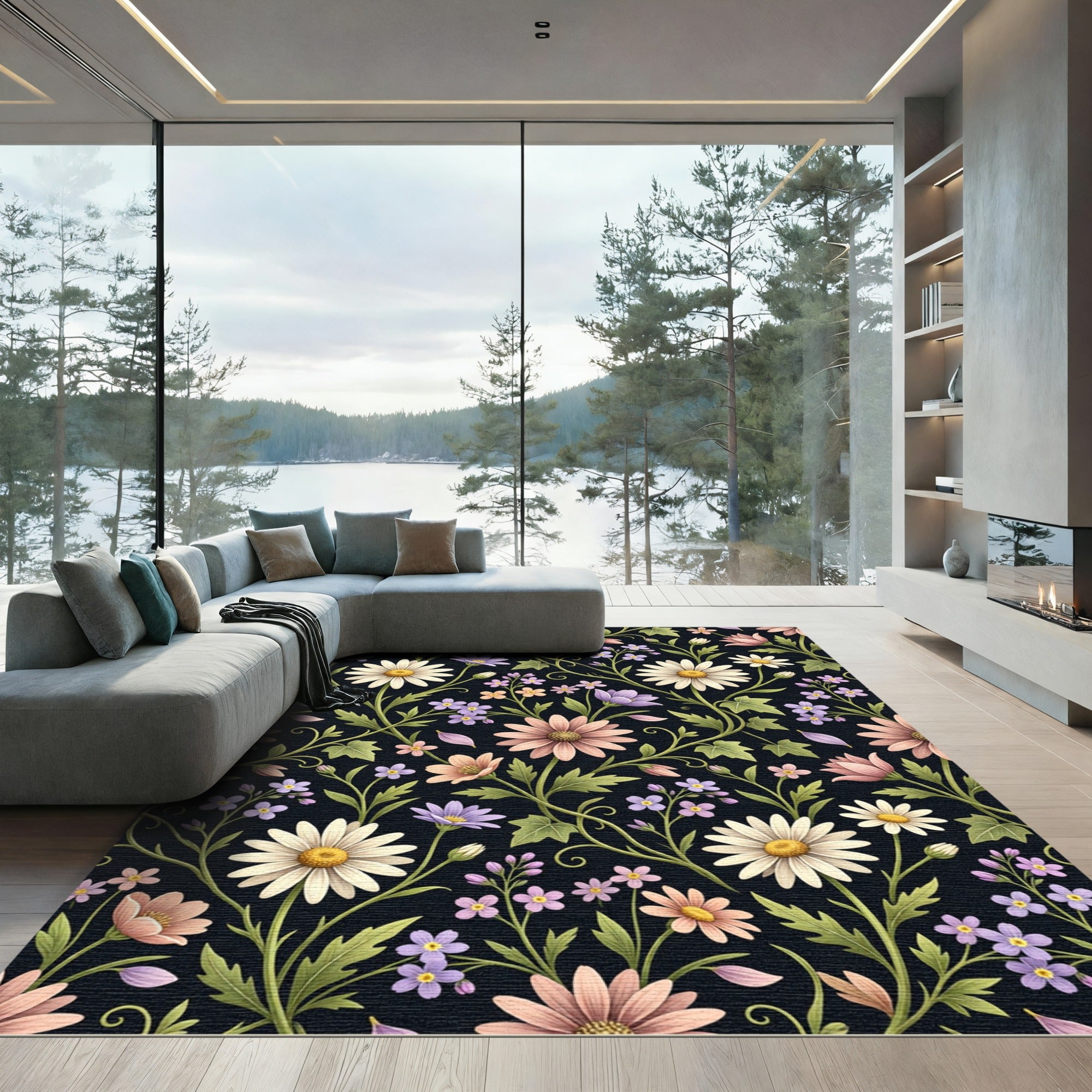 Vintage Daisy Meadow Floral Pattern Rug