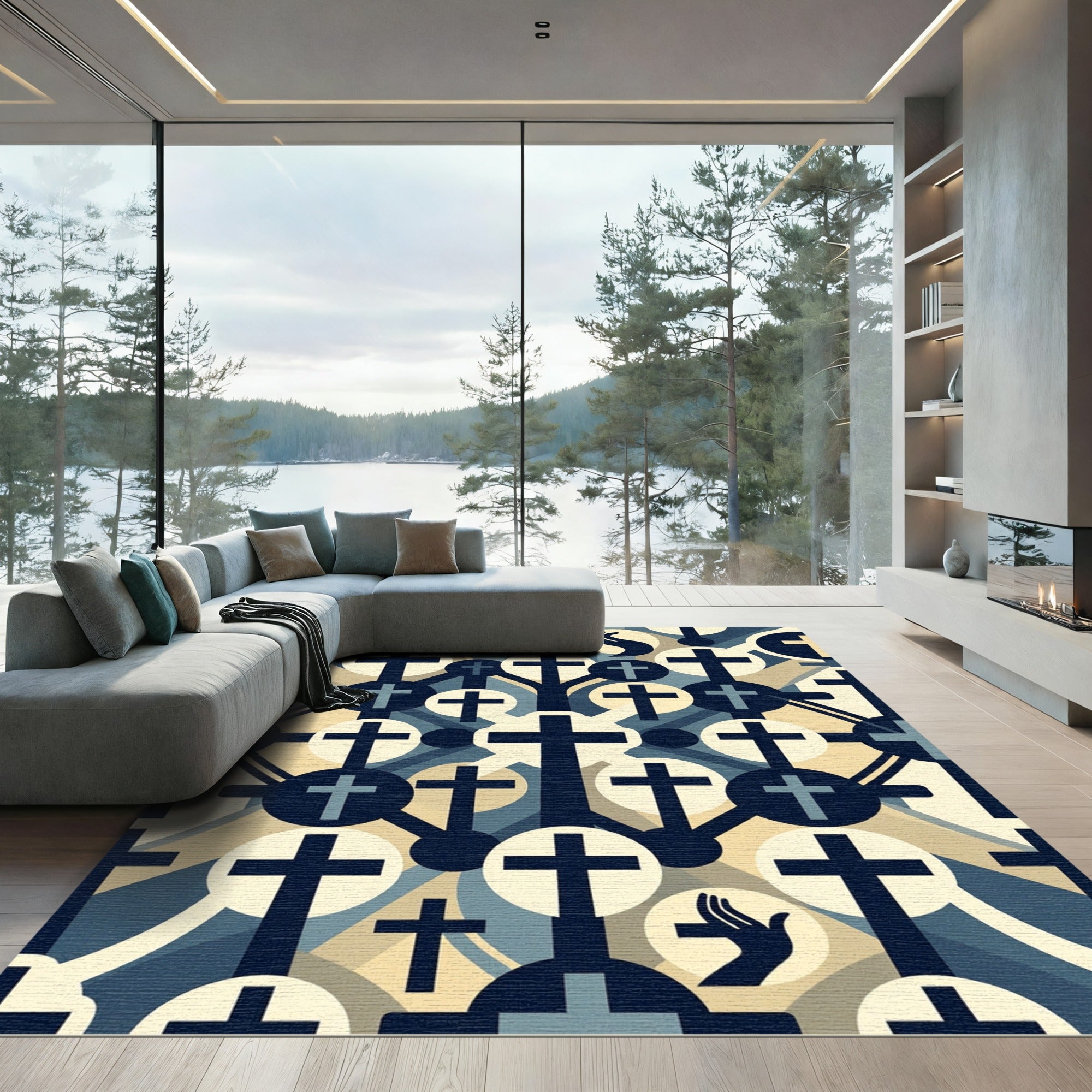 Geometric Navy Cream Cross Symbolic Rug