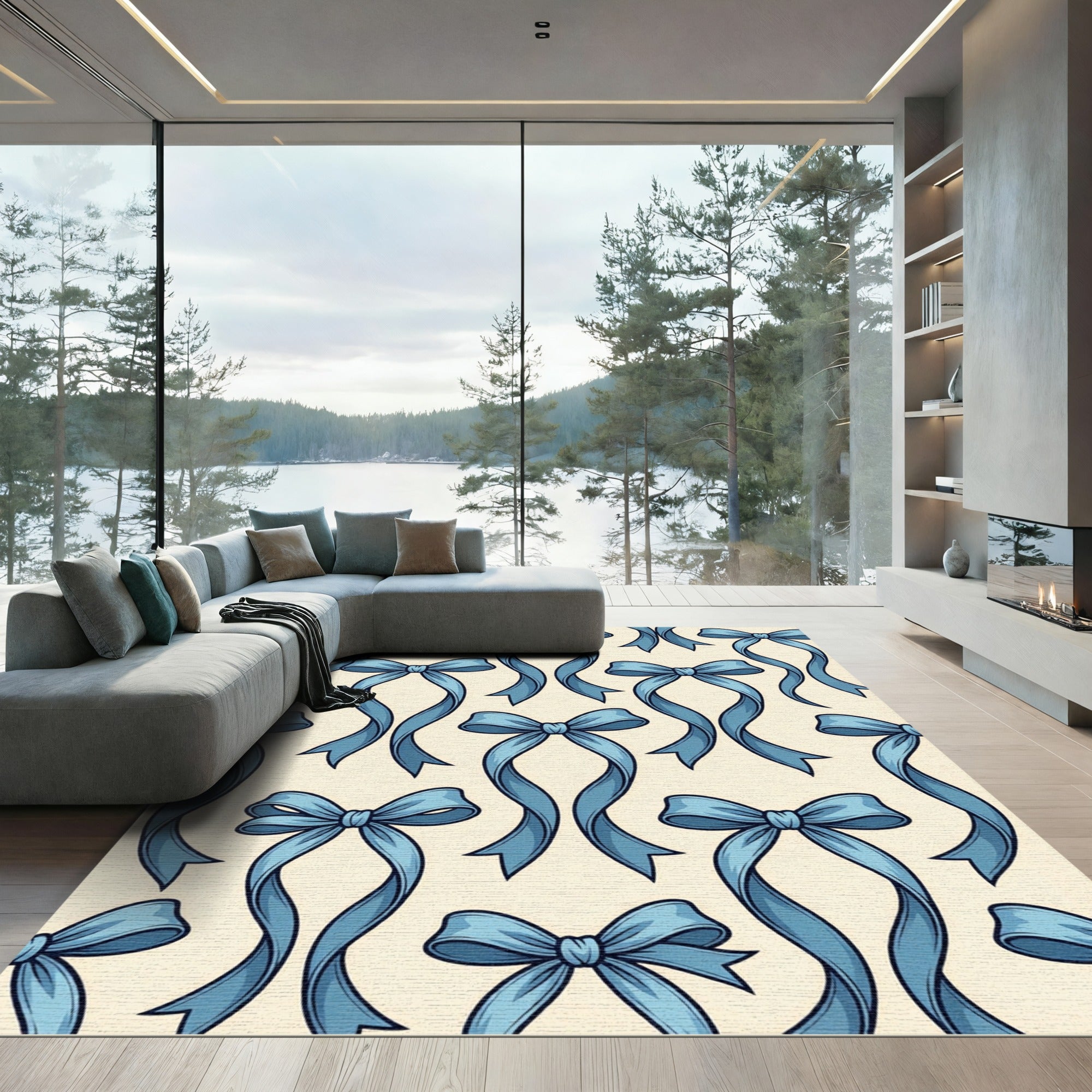 Elegant Blue Ribbon Bows Illustration Rug