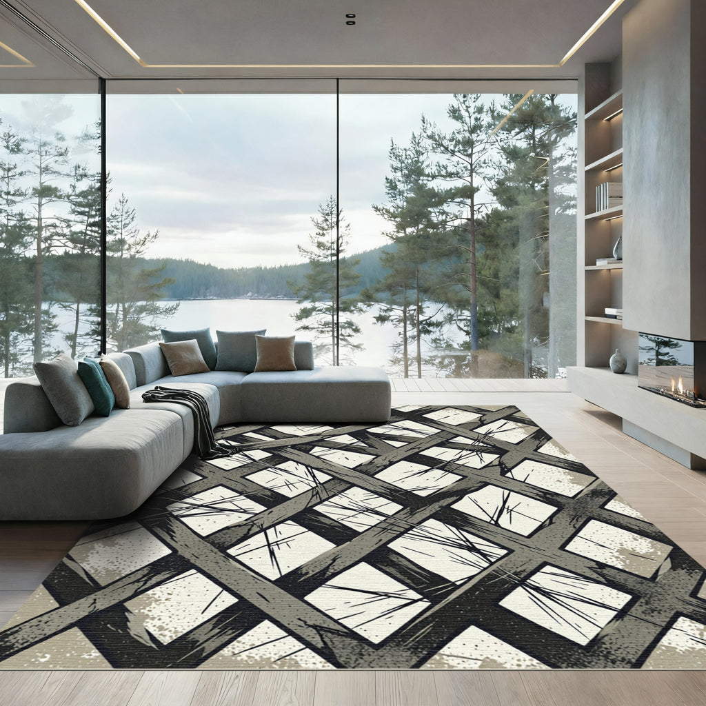Textured Gray Intersecting Lattice Rug