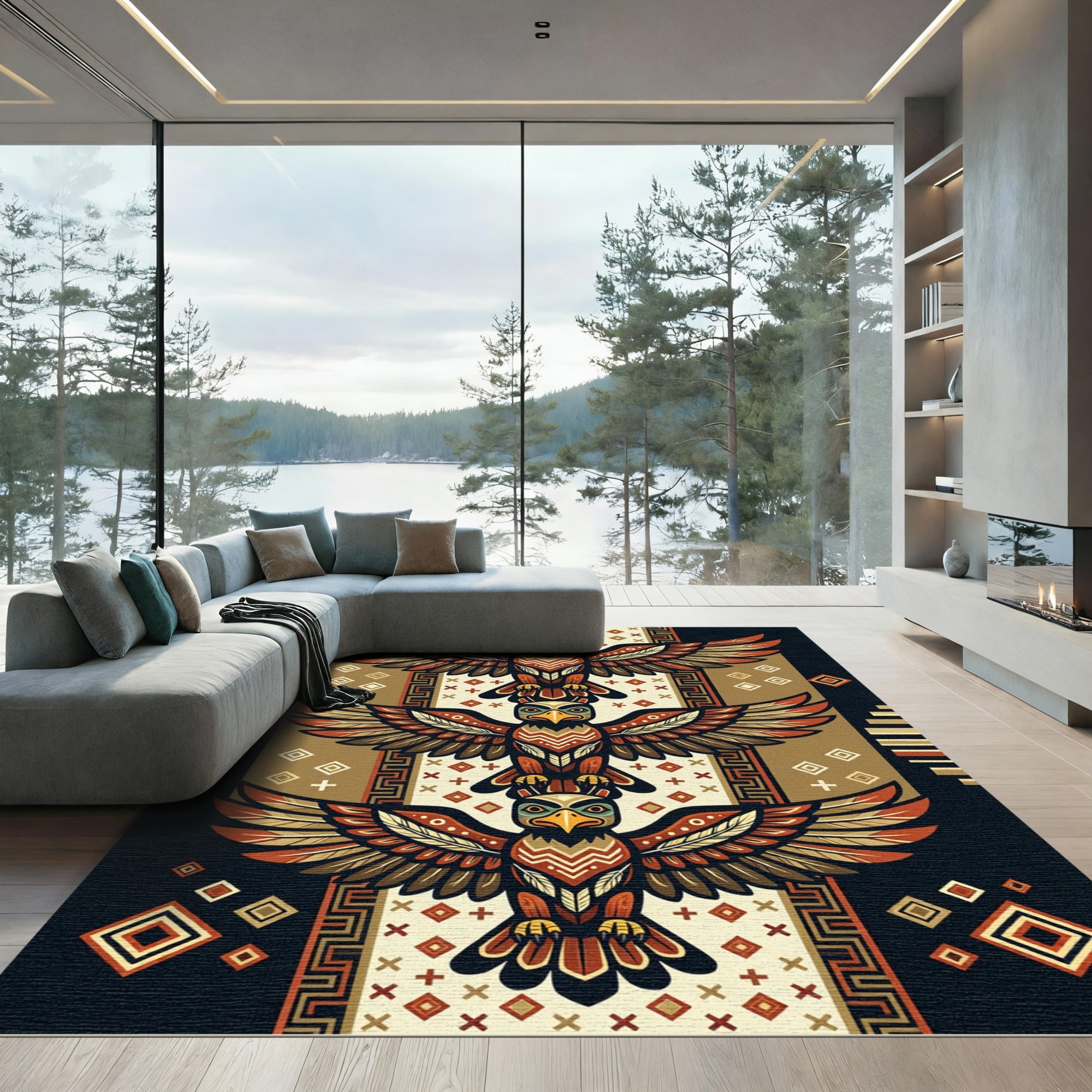 Totem Eagle Geometric Earth Tone Tapestry Rug