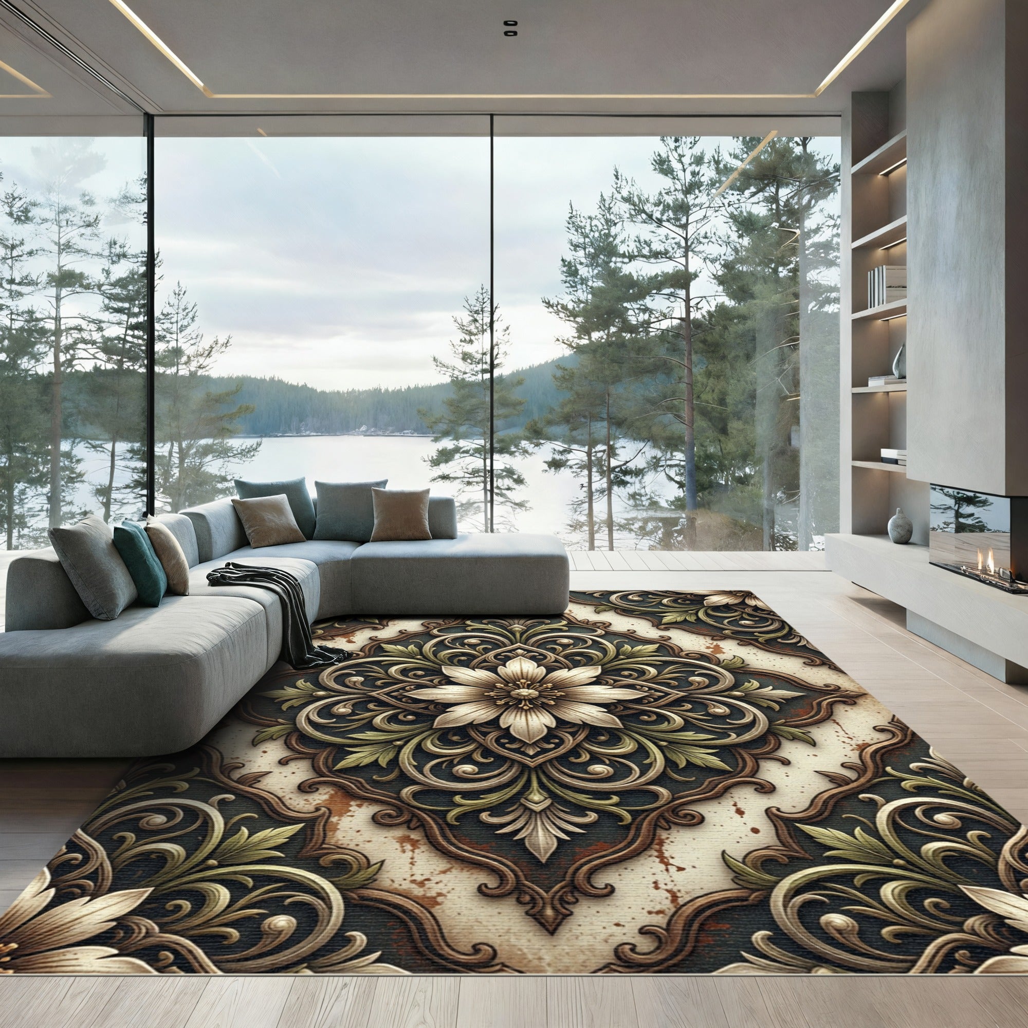 Ornate Floral Medallion Earthy Scrollwork Rug