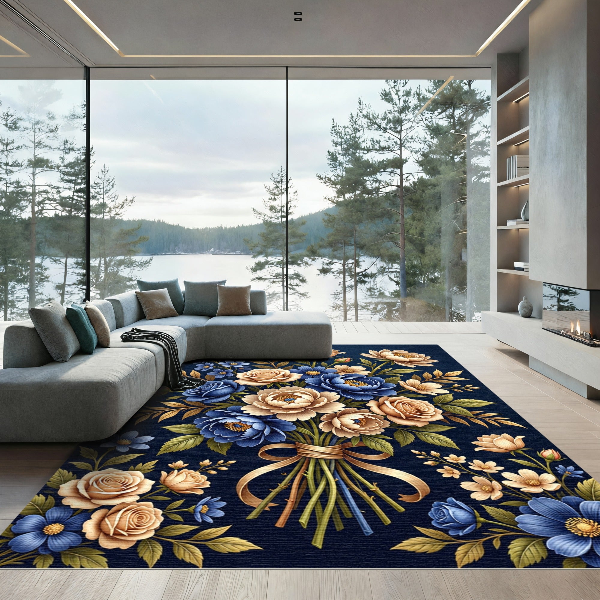 Elegant Navy Floral Bouquet Illustration Rug