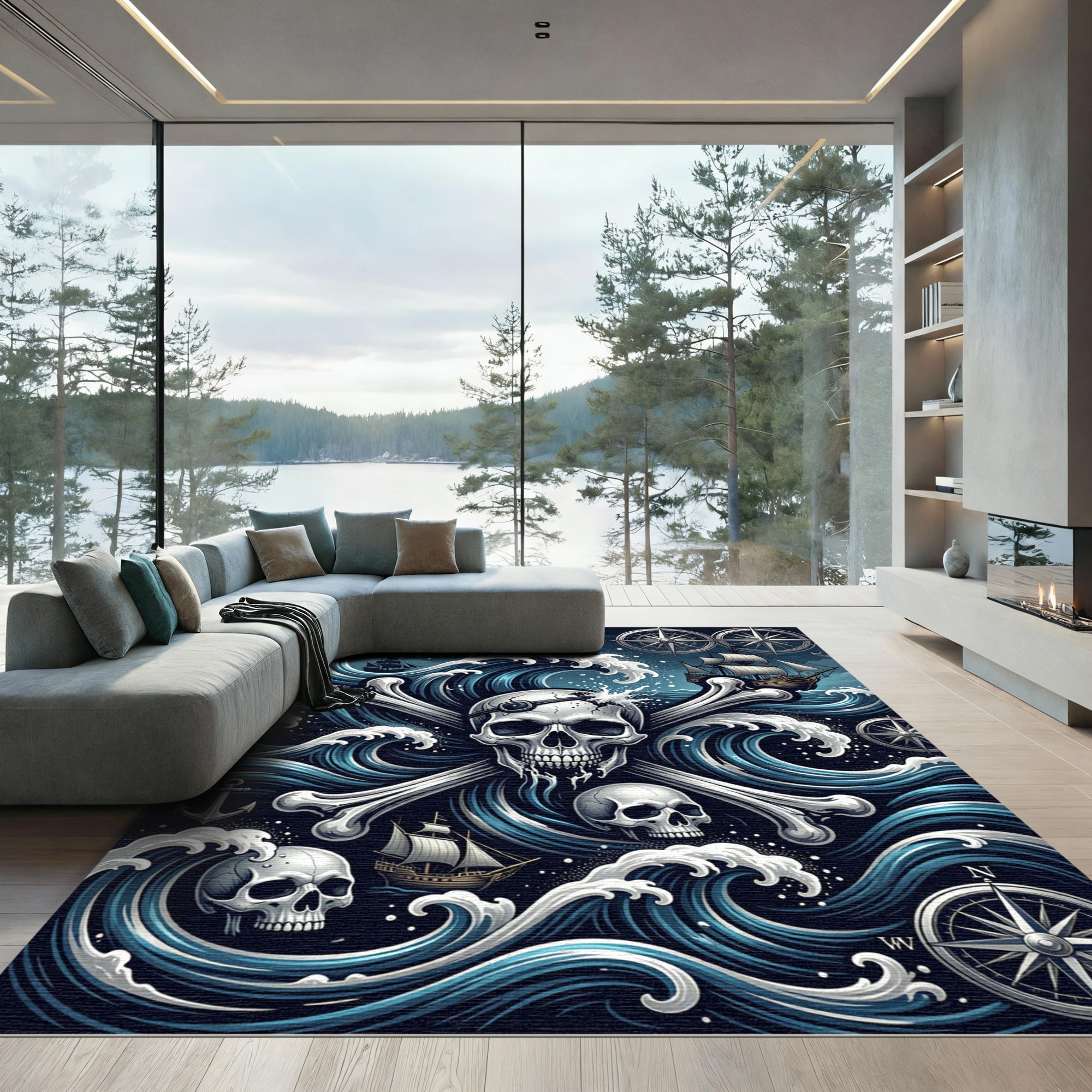 Nautical Pirate Skull Blue Ocean Art Rug