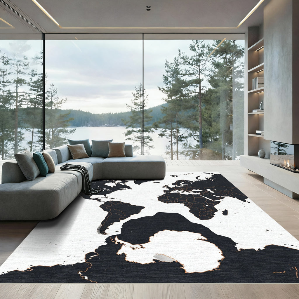 Modern Monochrome World Map Silhouette Rug