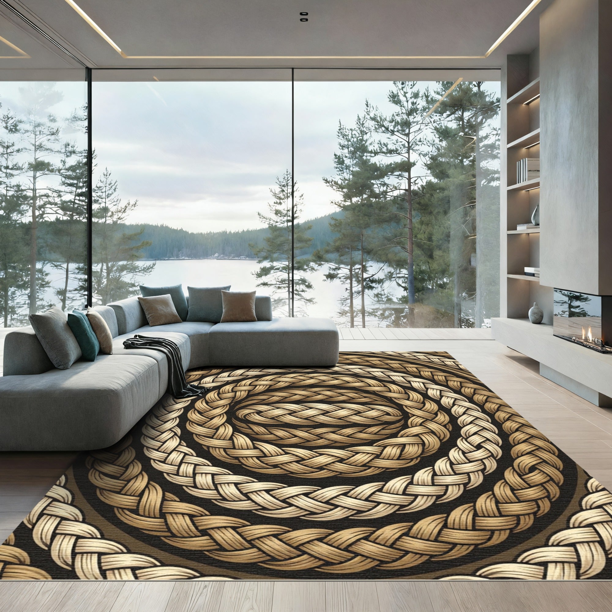 Braided Rope Round Gold Black Rug