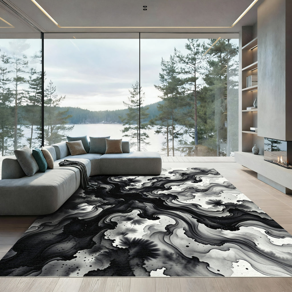Black Ink Wash Cloud Swirl Rug