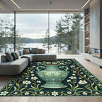 Elegant Teal Floral Vase Ceramic Art Rug