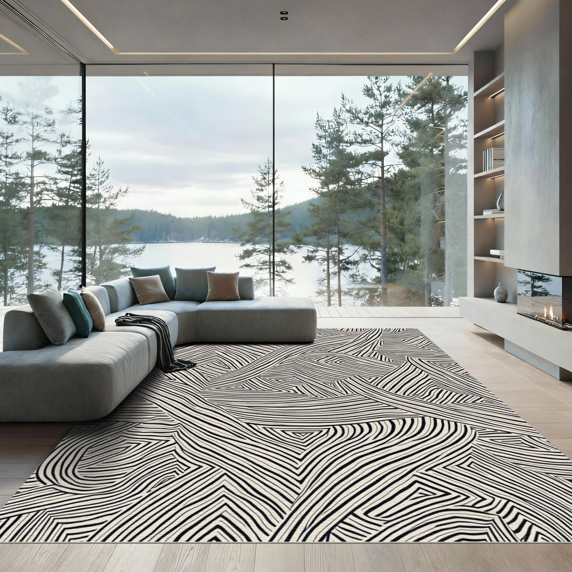 Abstract Black White Interlocking Lines Rug