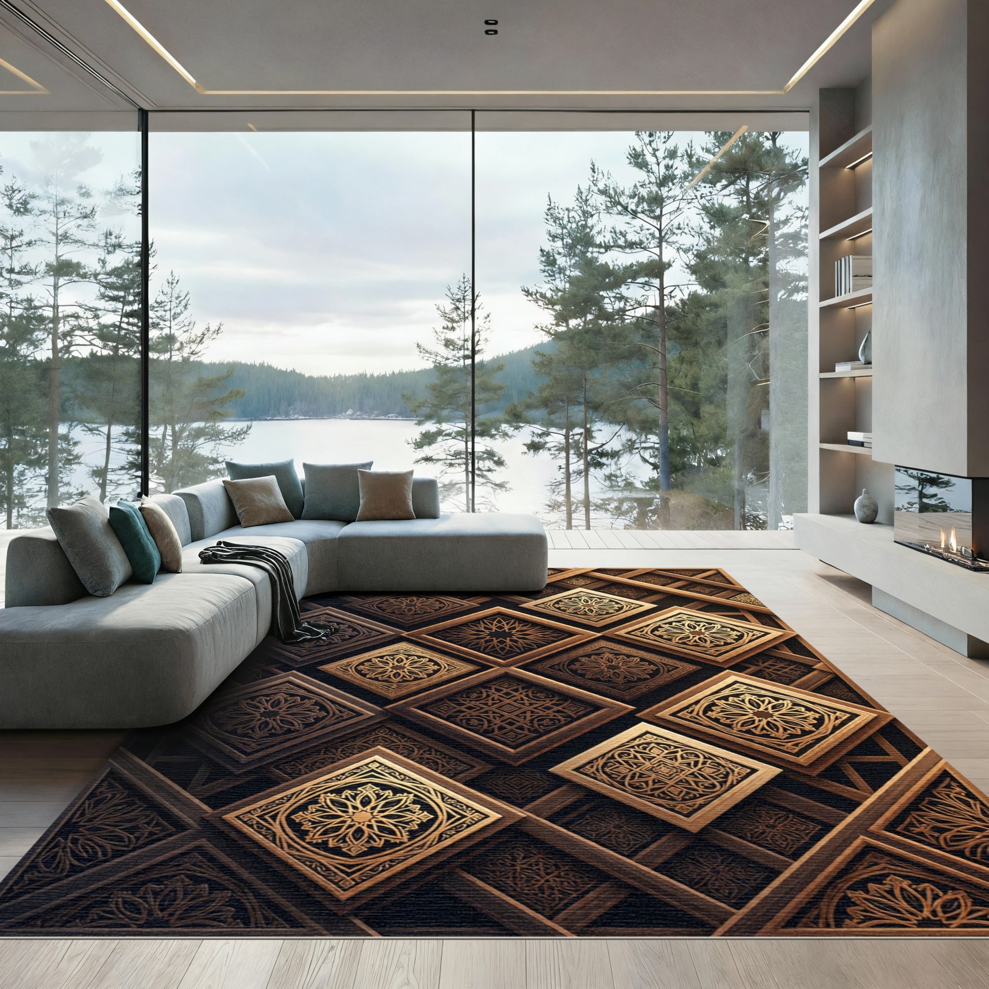 Embossed Golden Geometric Wood Panels Rug