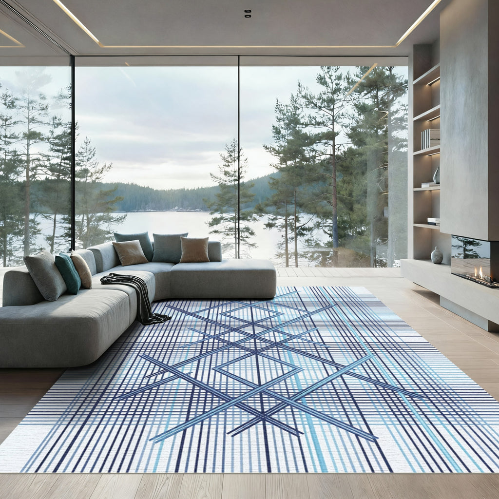 Modern Blue Geometric Grid Lattice Rug