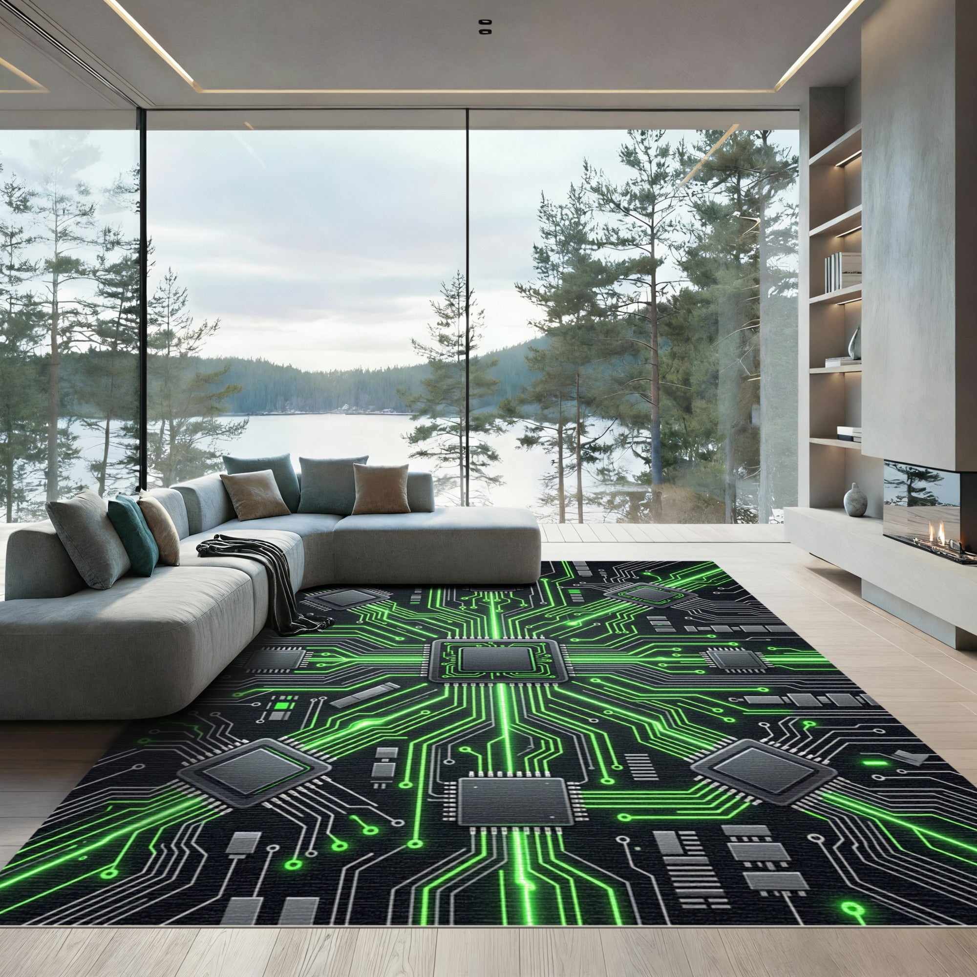 Luminous Cyber Circuitry Neon Grid Rug