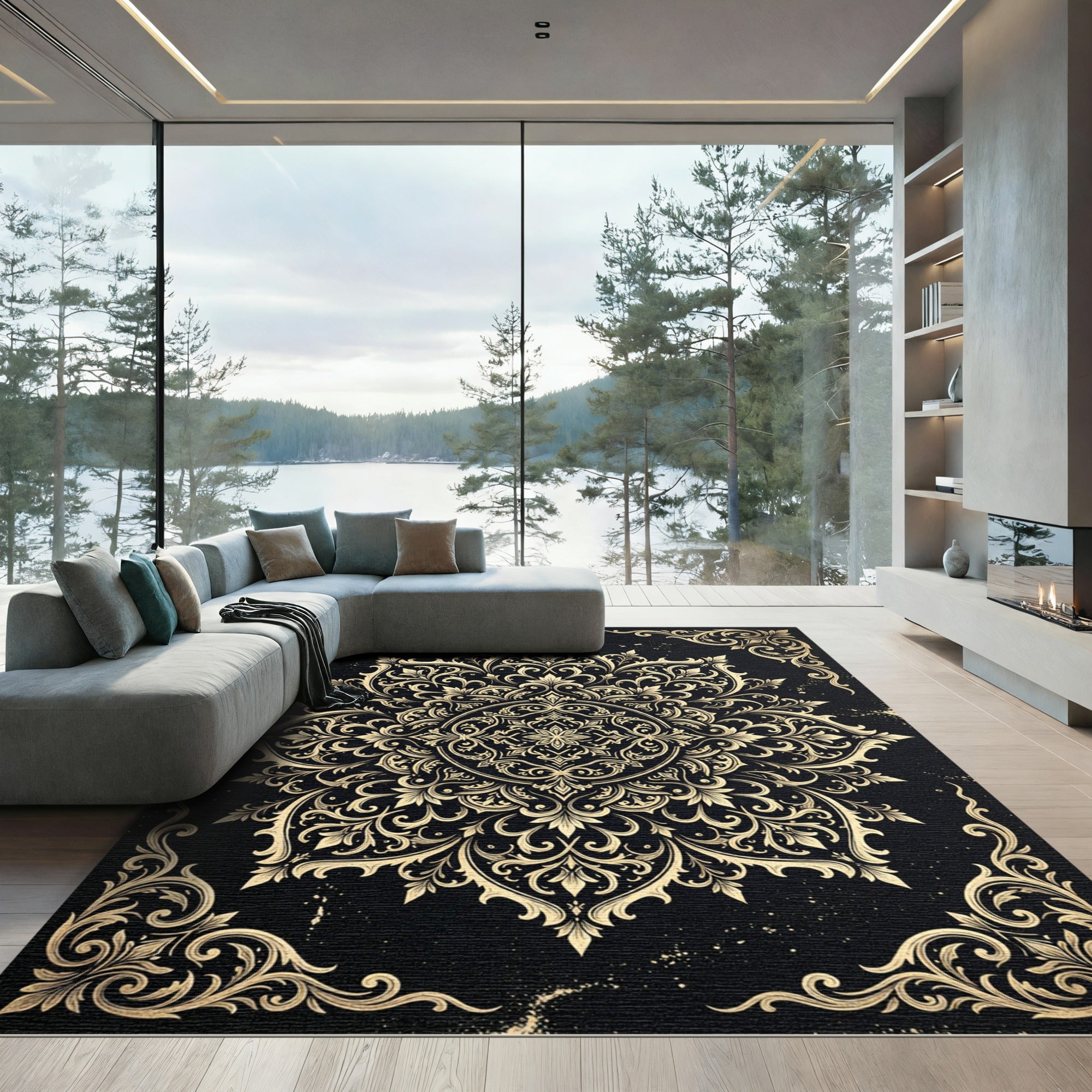 Ornate Golden Filigree Floral Medallion Rug