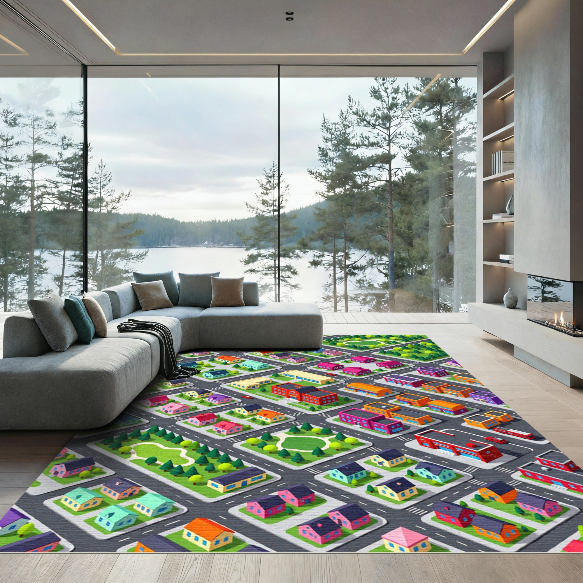 Isometric Colorful Village Street Map Grid Rug