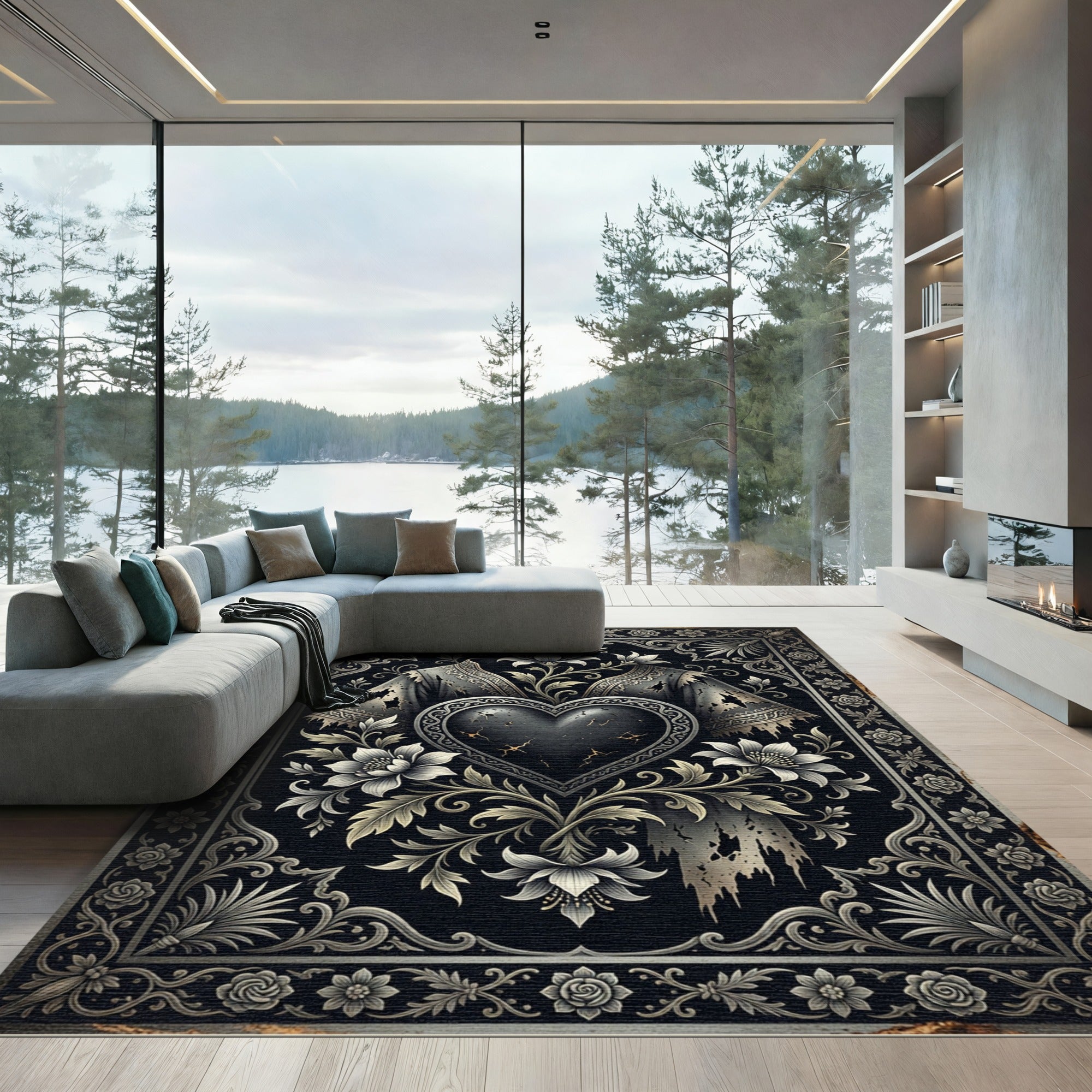 Gothic Black Heart Floral Relief Rug