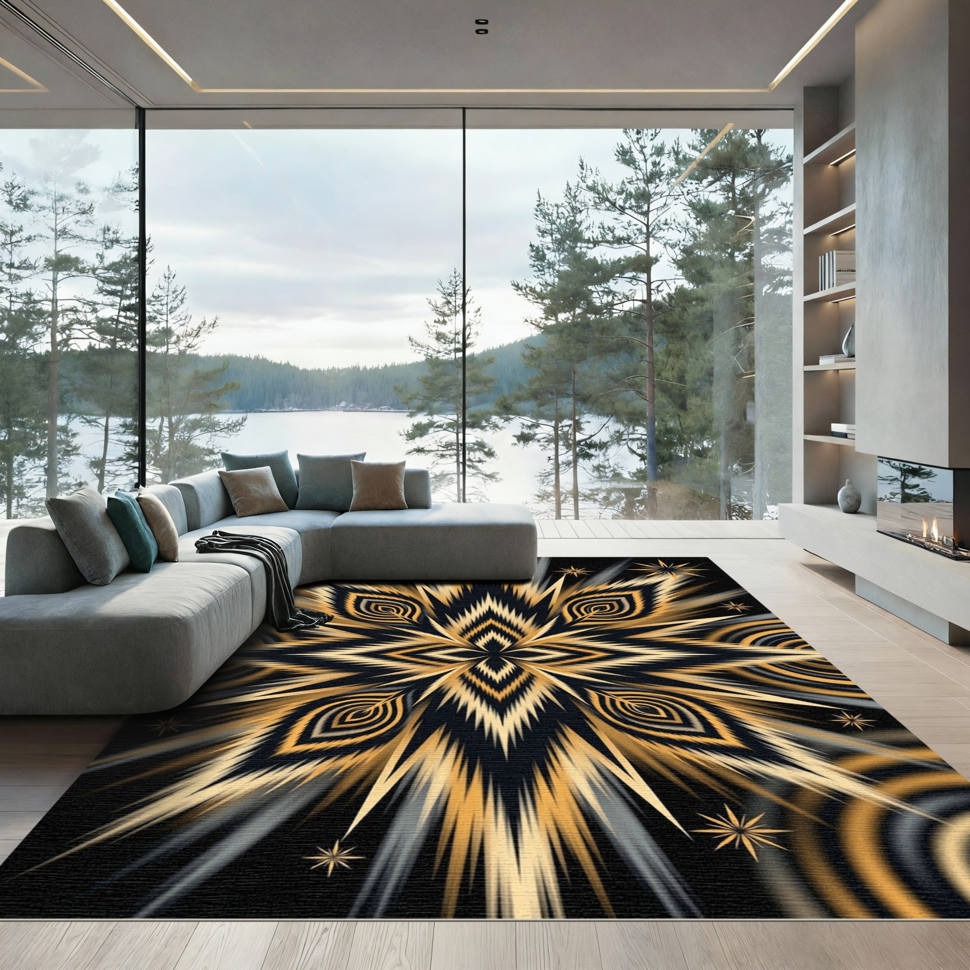 Golden Black Peacock Feather Burst Rug