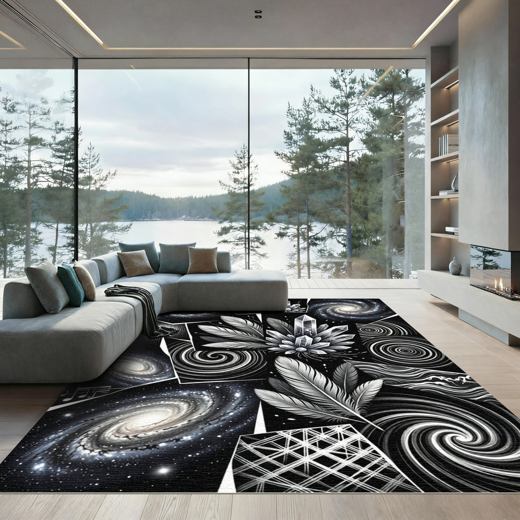 Cosmic Crystal Feather Galaxy Collage Rug