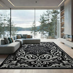 Ornate Black Silver Floral Scroll Rug