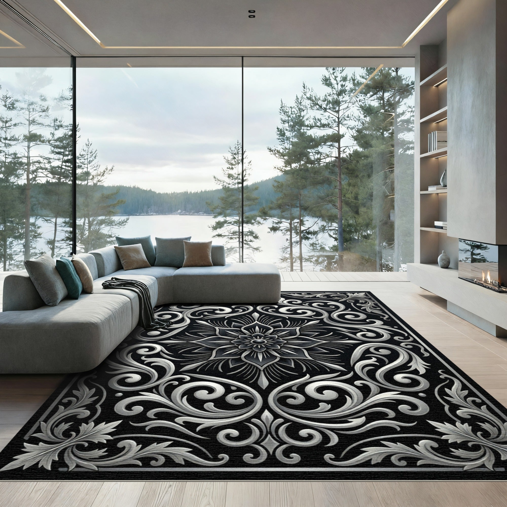 Ornate Black Silver Floral Scroll Rug