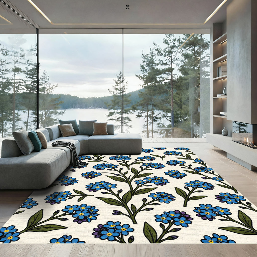 Blue Forget Me Not Floral Field Rug