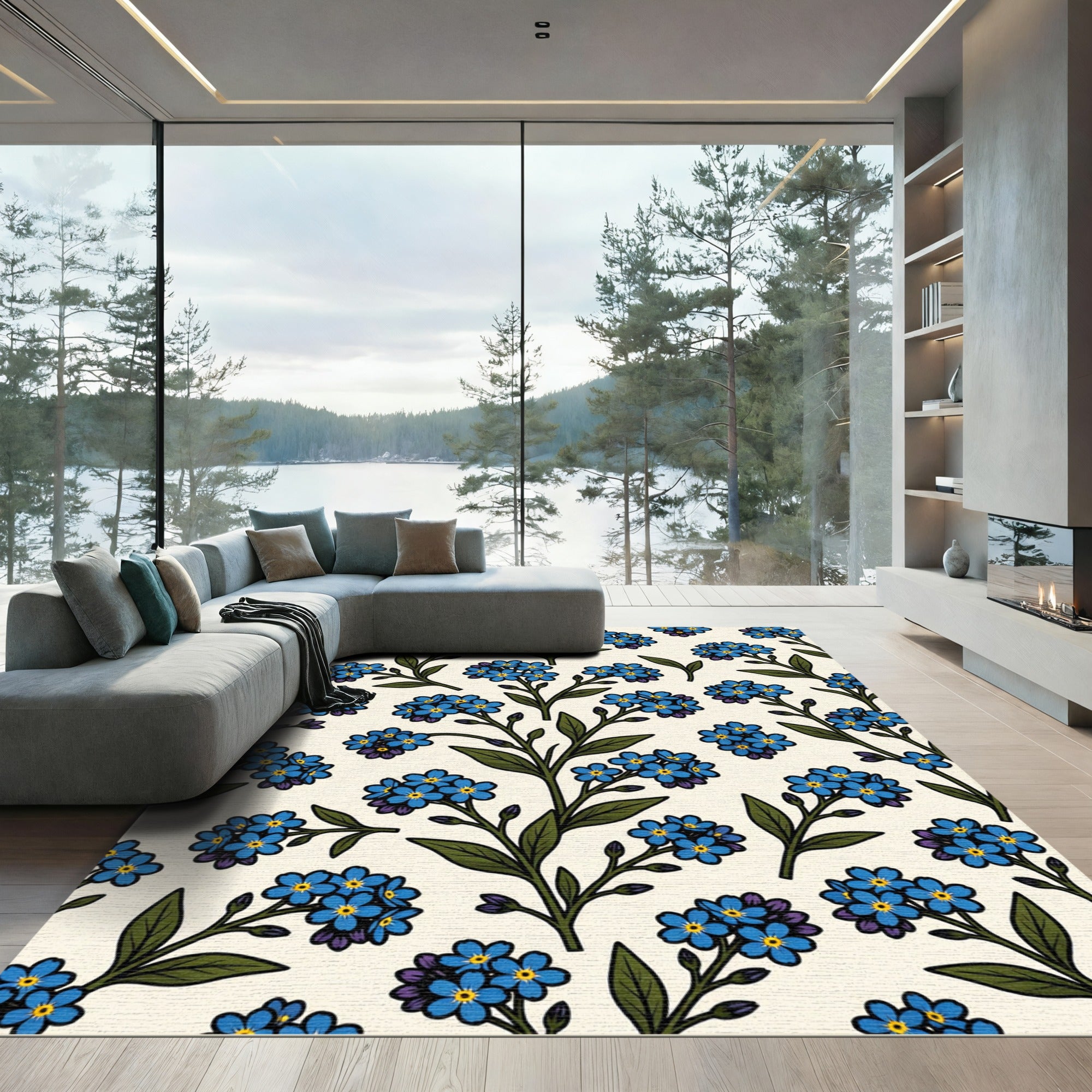 Blue Forget Me Not Floral Field Rug