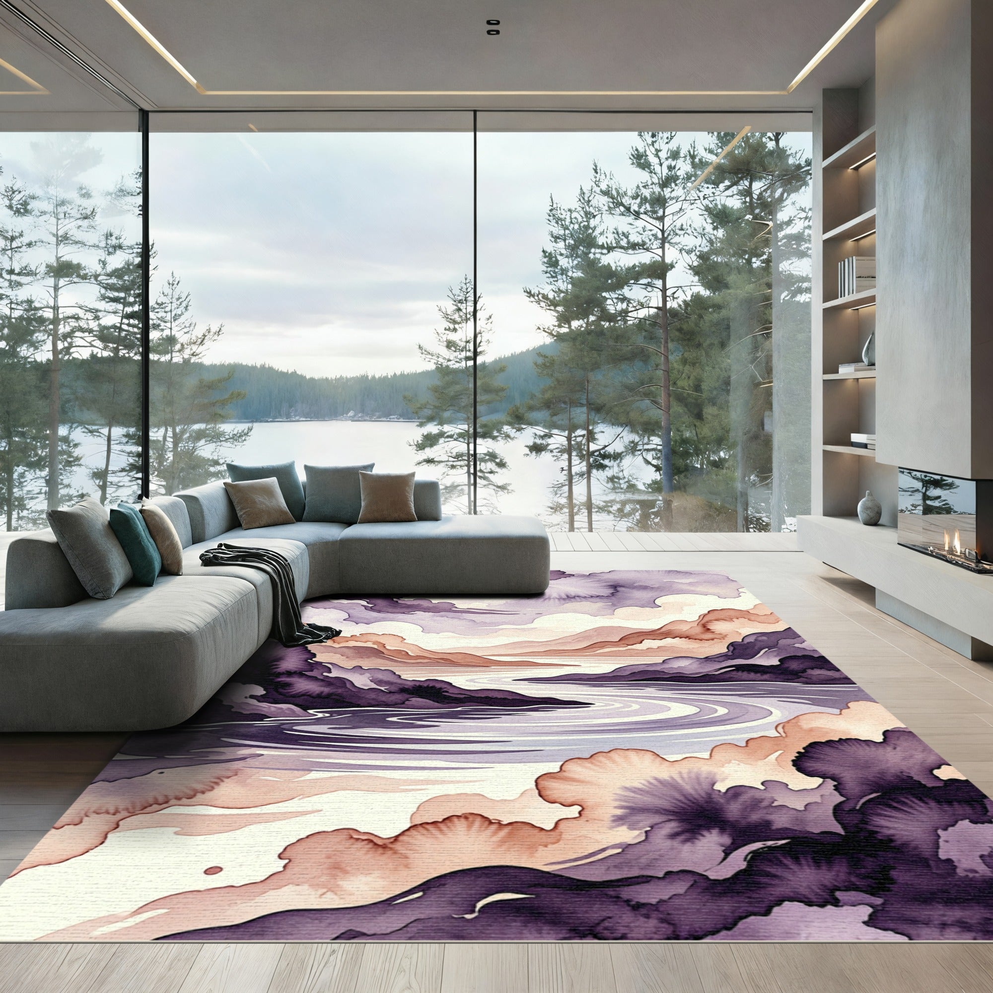 Ethereal Plum Violet Watercolor Mountain Landscape Rug