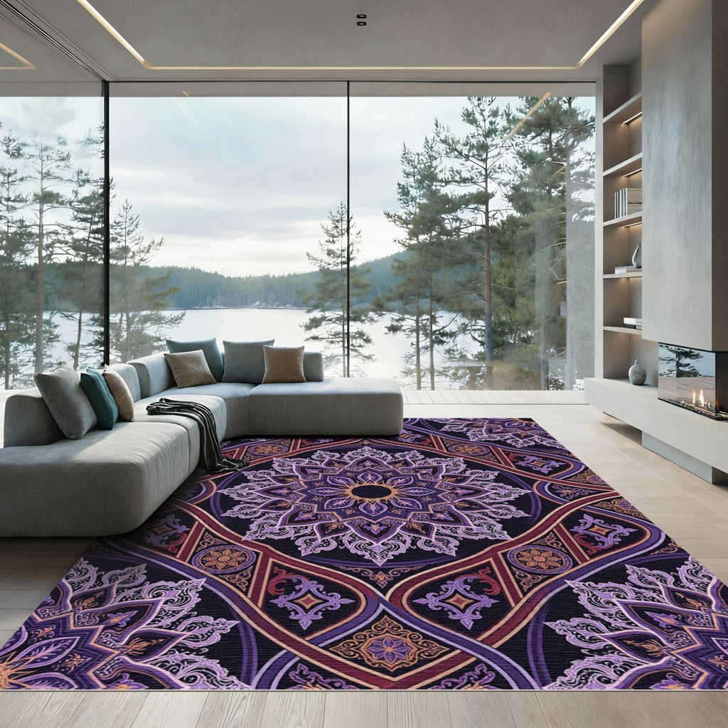 Intricate Violet Floral Mandala Medallion Rug
