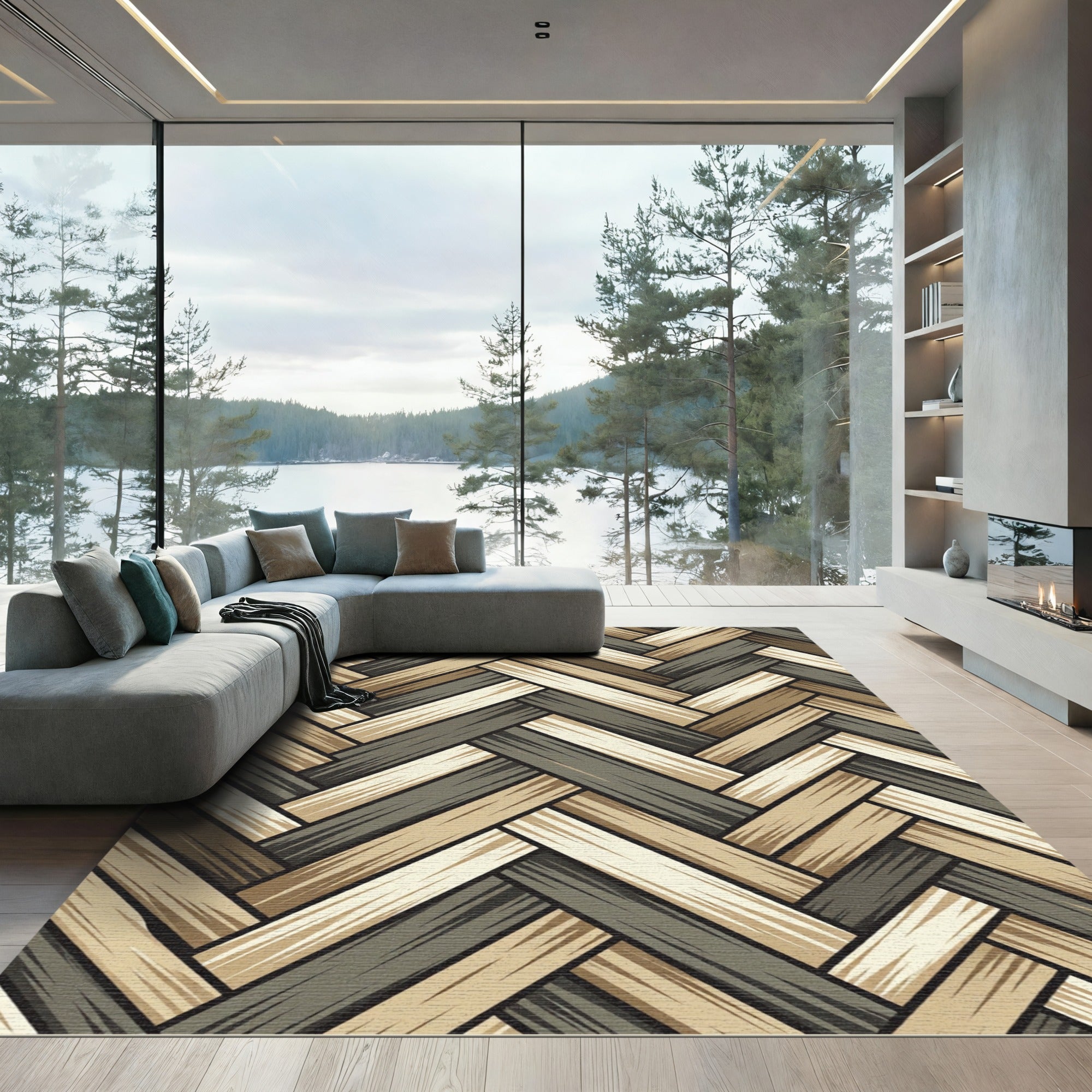 Earthy Tone Wood Grain Herringbone Rug