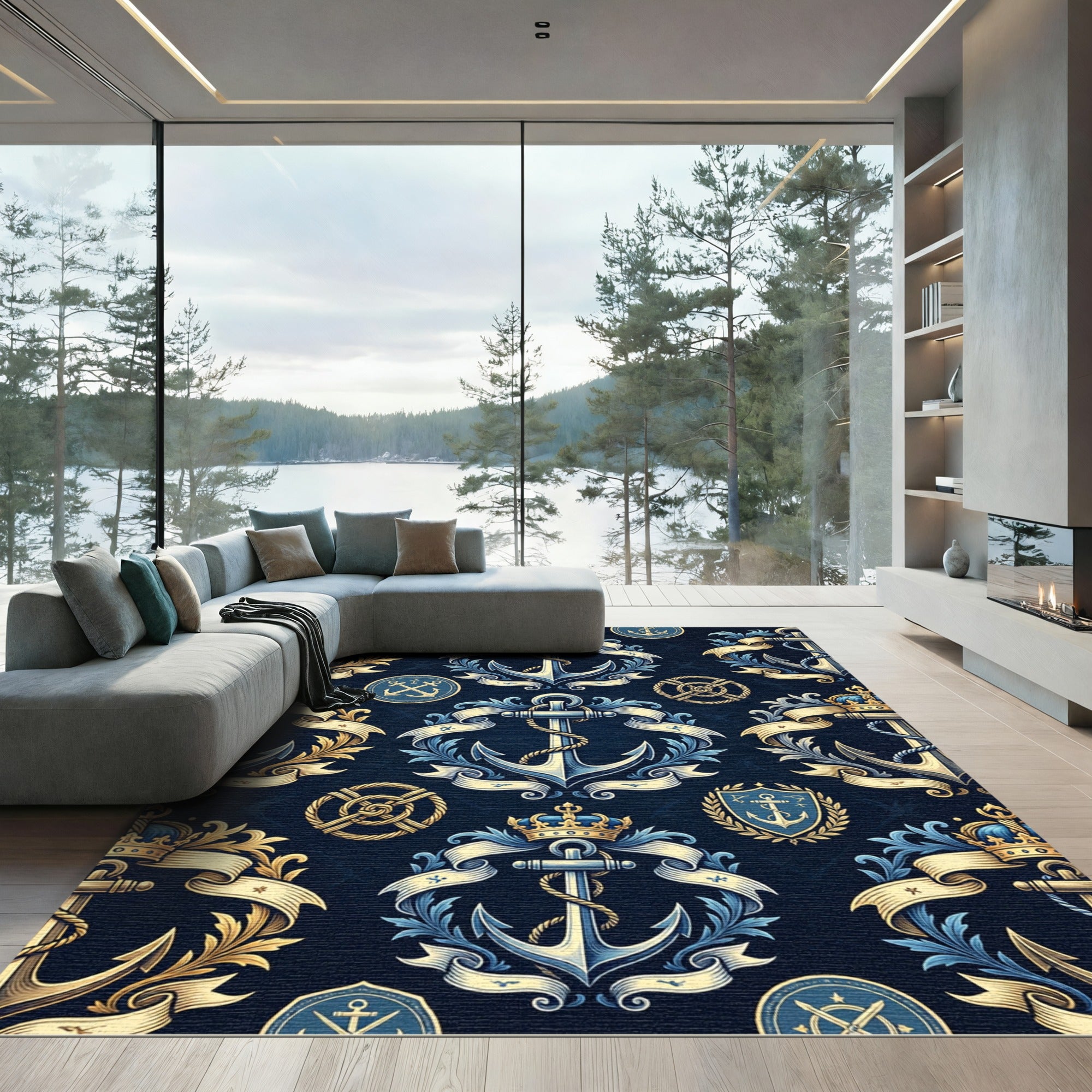 Nautical Anchor Laurel Wreath Emblem Rug