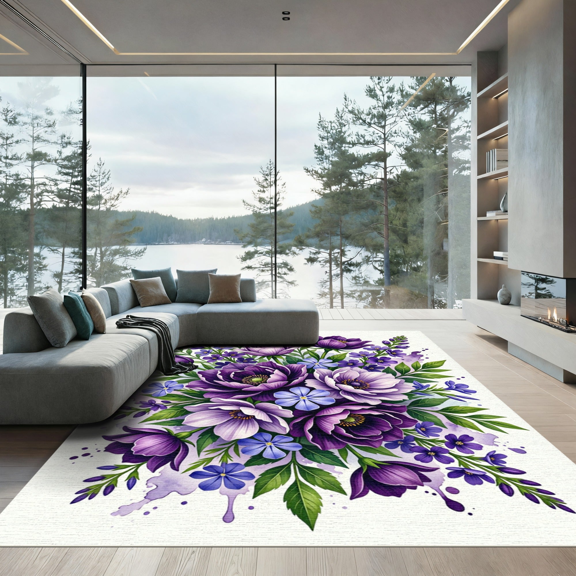 Vibrant Purple Floral Watercolor Bouquet Rug