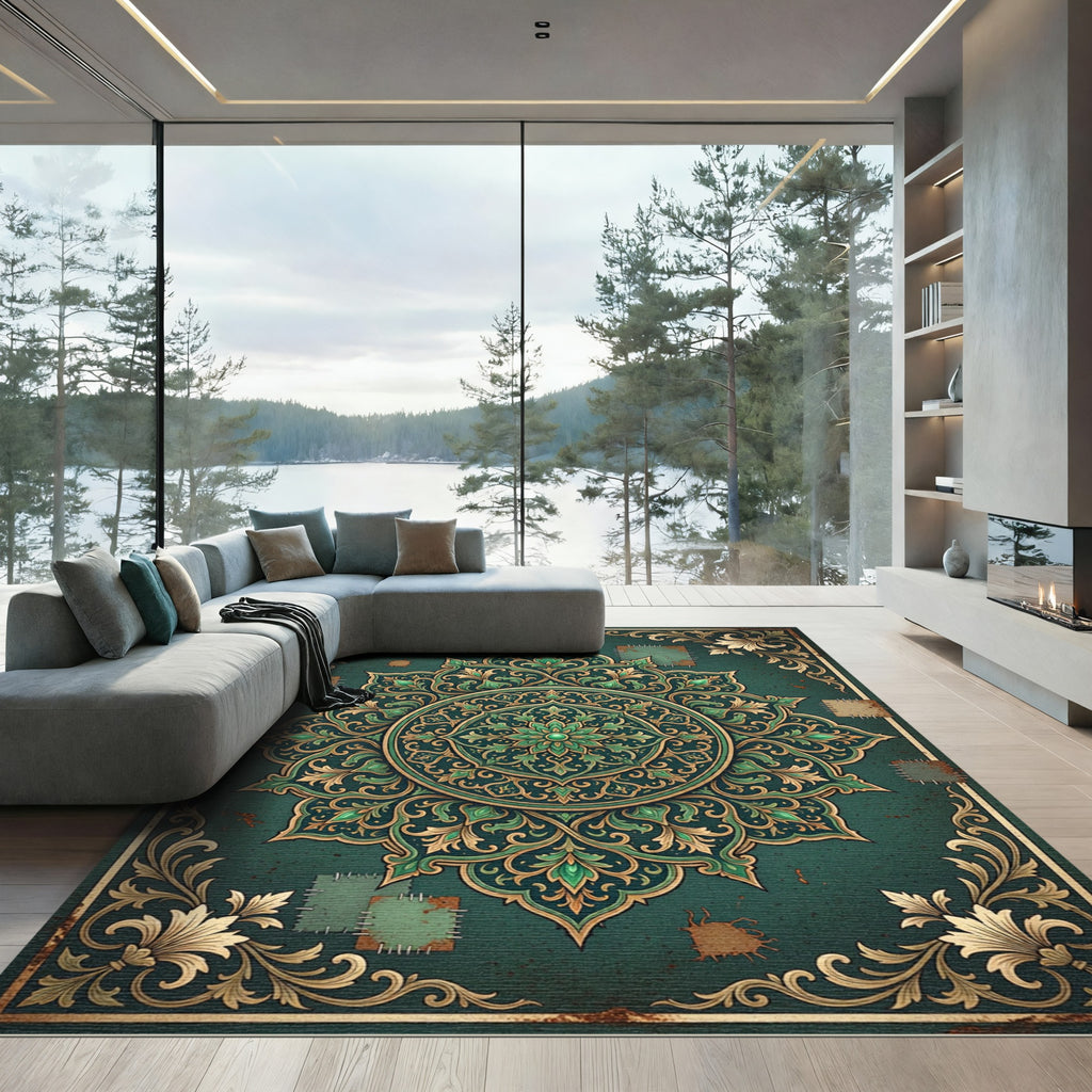 Emerald Ornate Floral Medallion Distressed Tapestry Rug