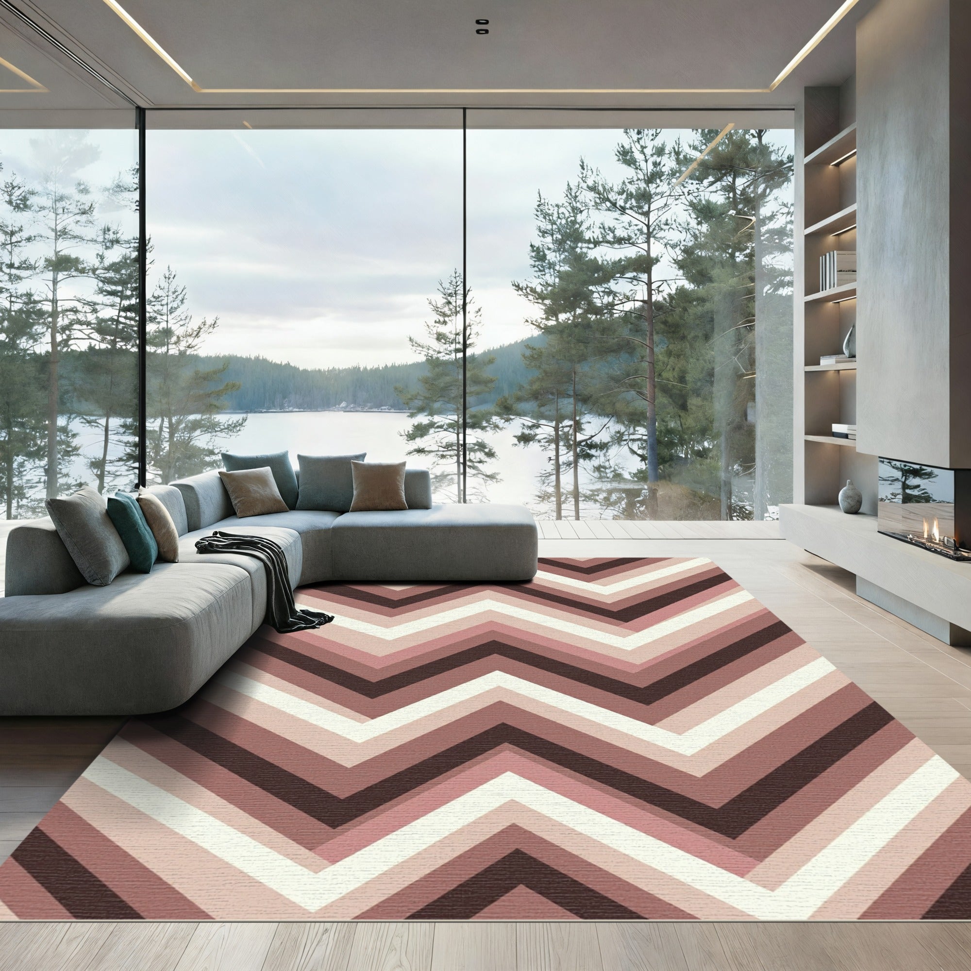 Modern Pink Chevron Stripes Rug