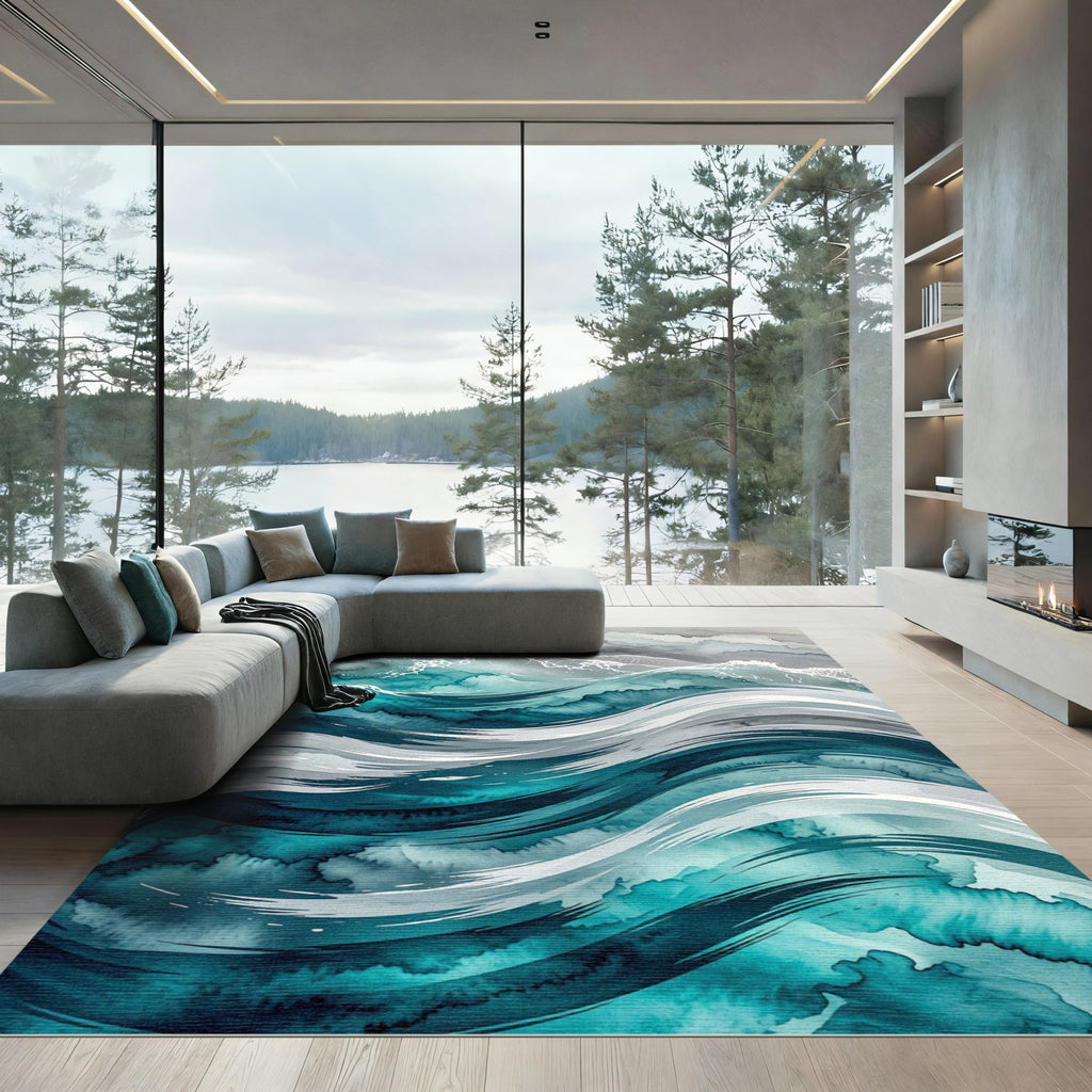 Ethereal Turquoise Oceanic Wave Art Rug