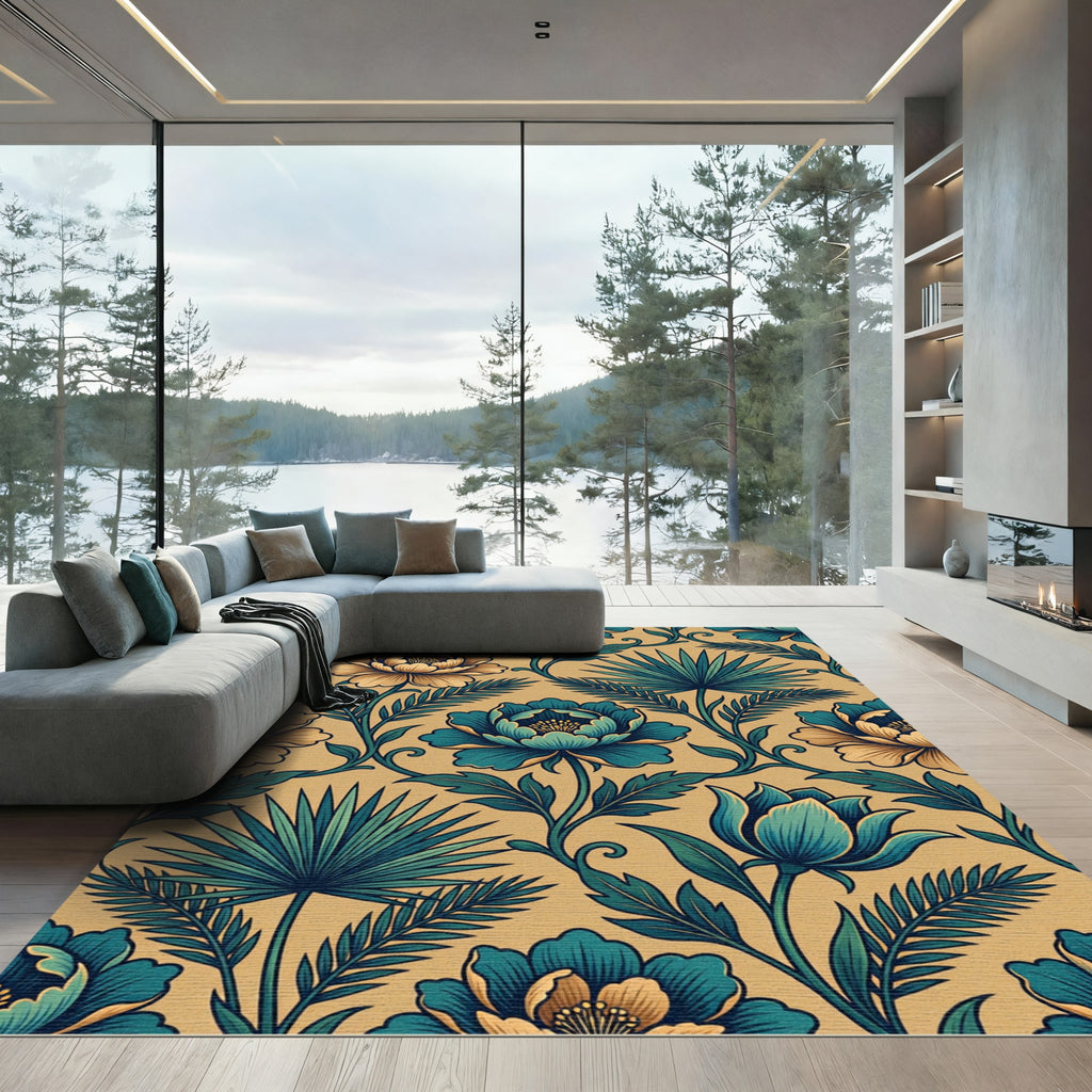 Golden Teal Floral Vine Garden Rug