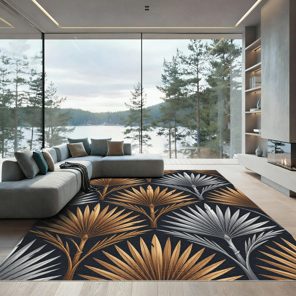 Art Deco Metallic Gold Silver Palm Rug