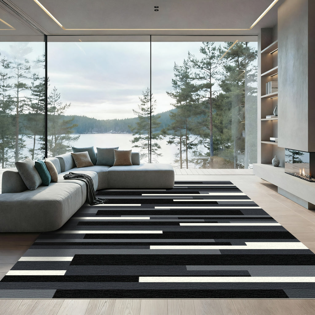 Minimalist Monochrome Abstract Linear Composition Rug