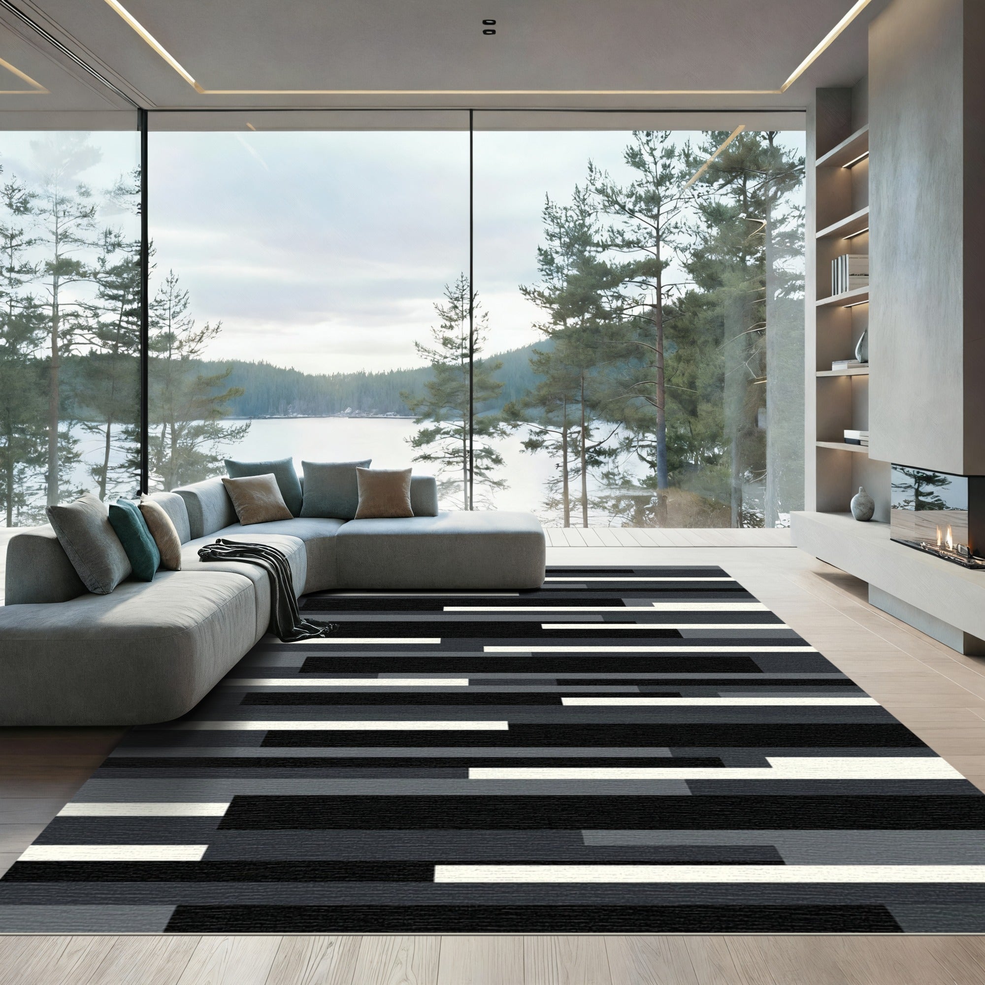 Minimalist Monochrome Abstract Linear Composition Rug