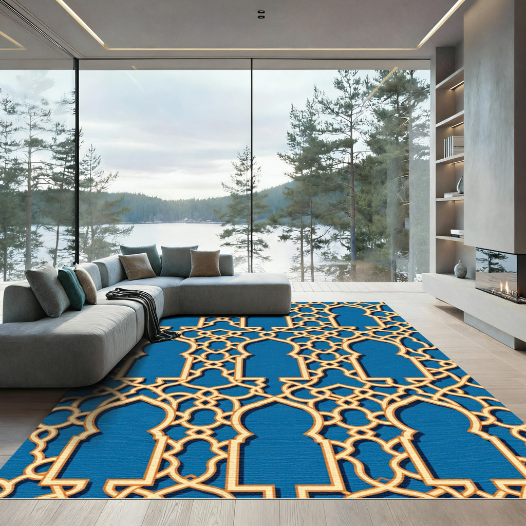 Golden Lattice Arch In Royal Blue Rug